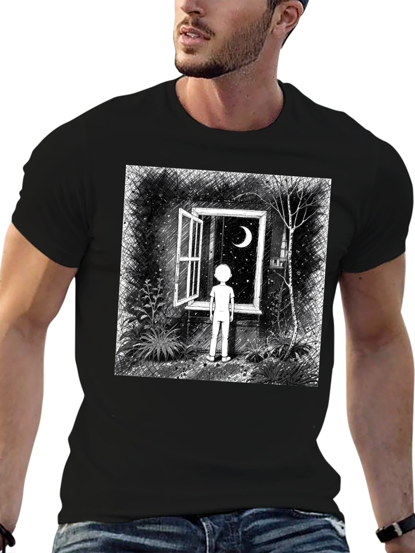 Night Window Graphic Tee - Black Unisex