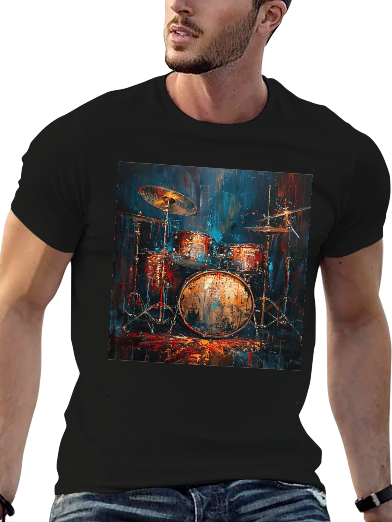 Drum Set Graphic Tee - Musician Style Black T-Shirt
