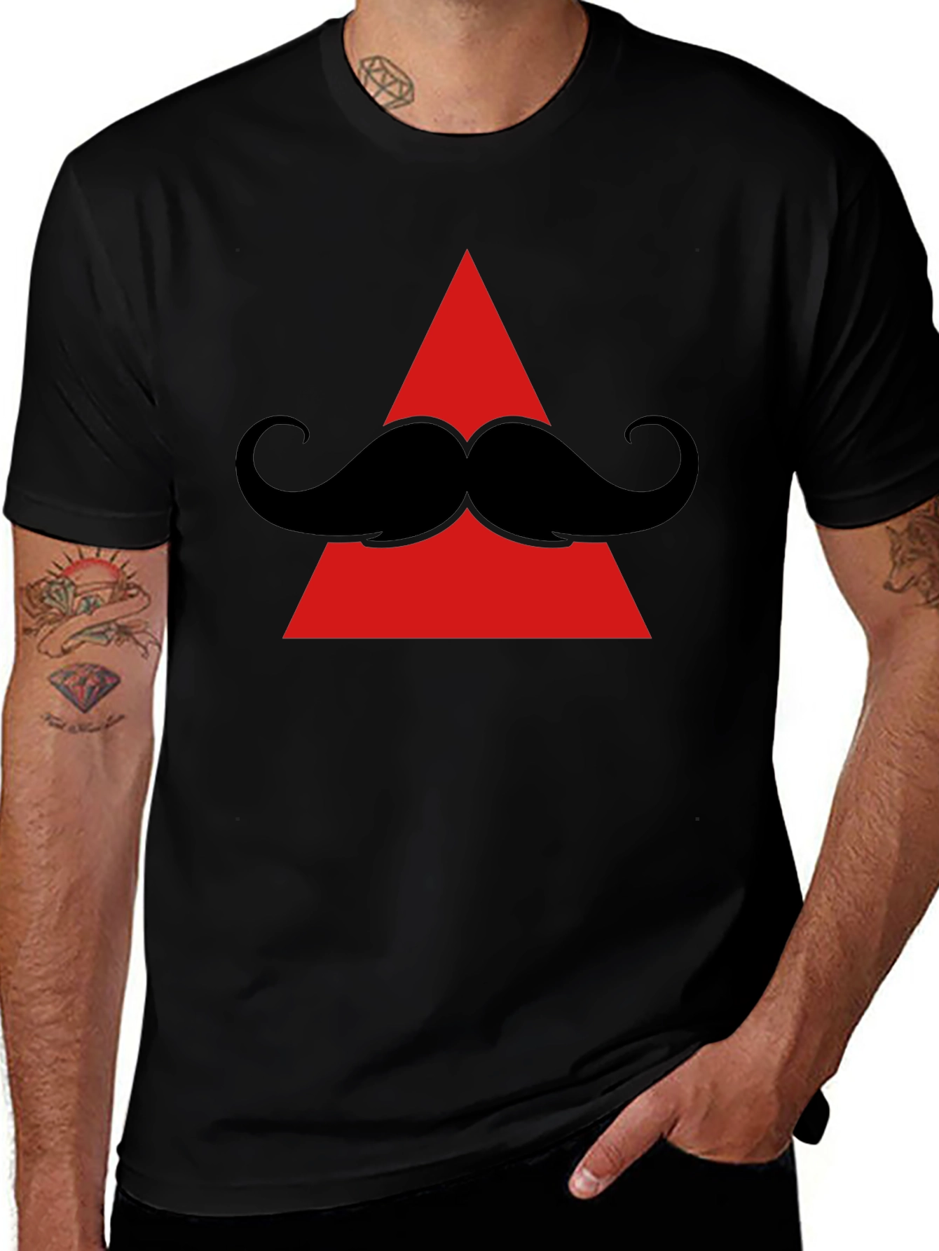 Mustache Triangle Graphic Tee - Black Cotton T-Shirt