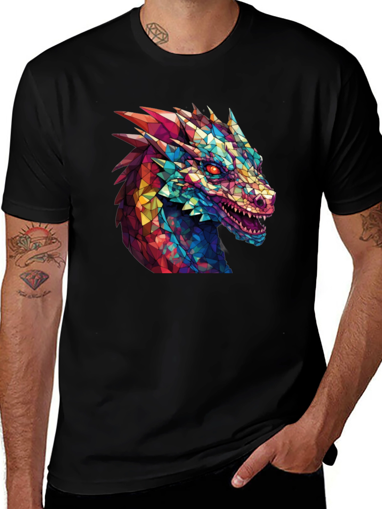 Geometric Dragon Head Graphic Black T-Shirt