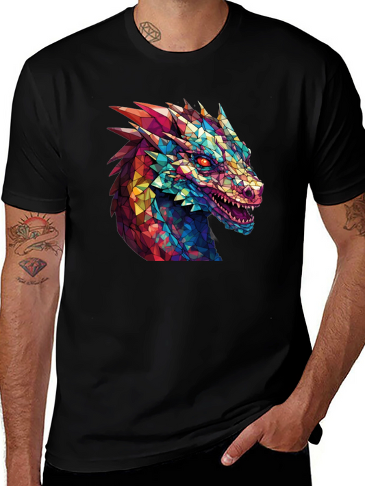 Geometric Dragon Head Graphic Black T-Shirt