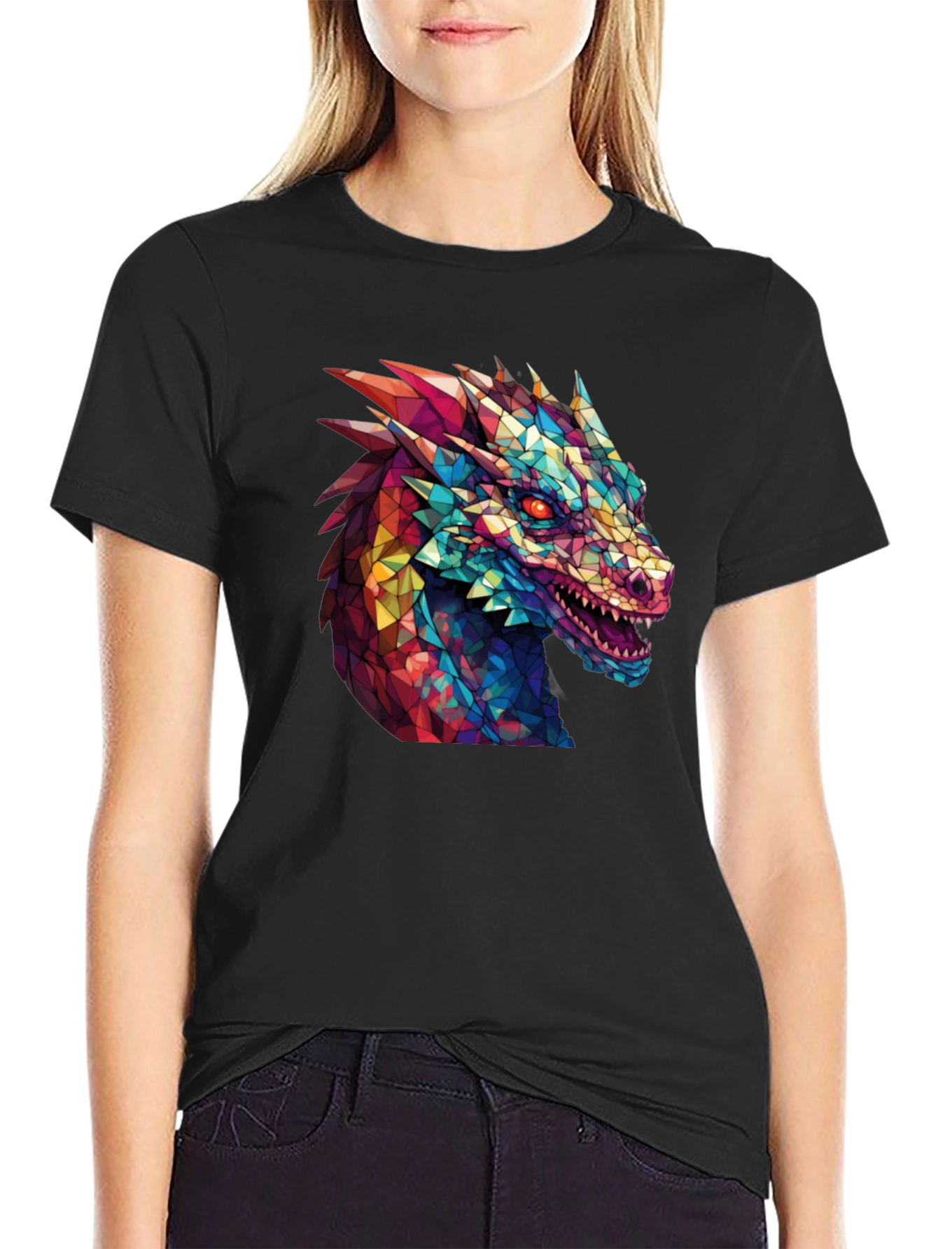 Geometric Dragon Head Graphic Black T-Shirt