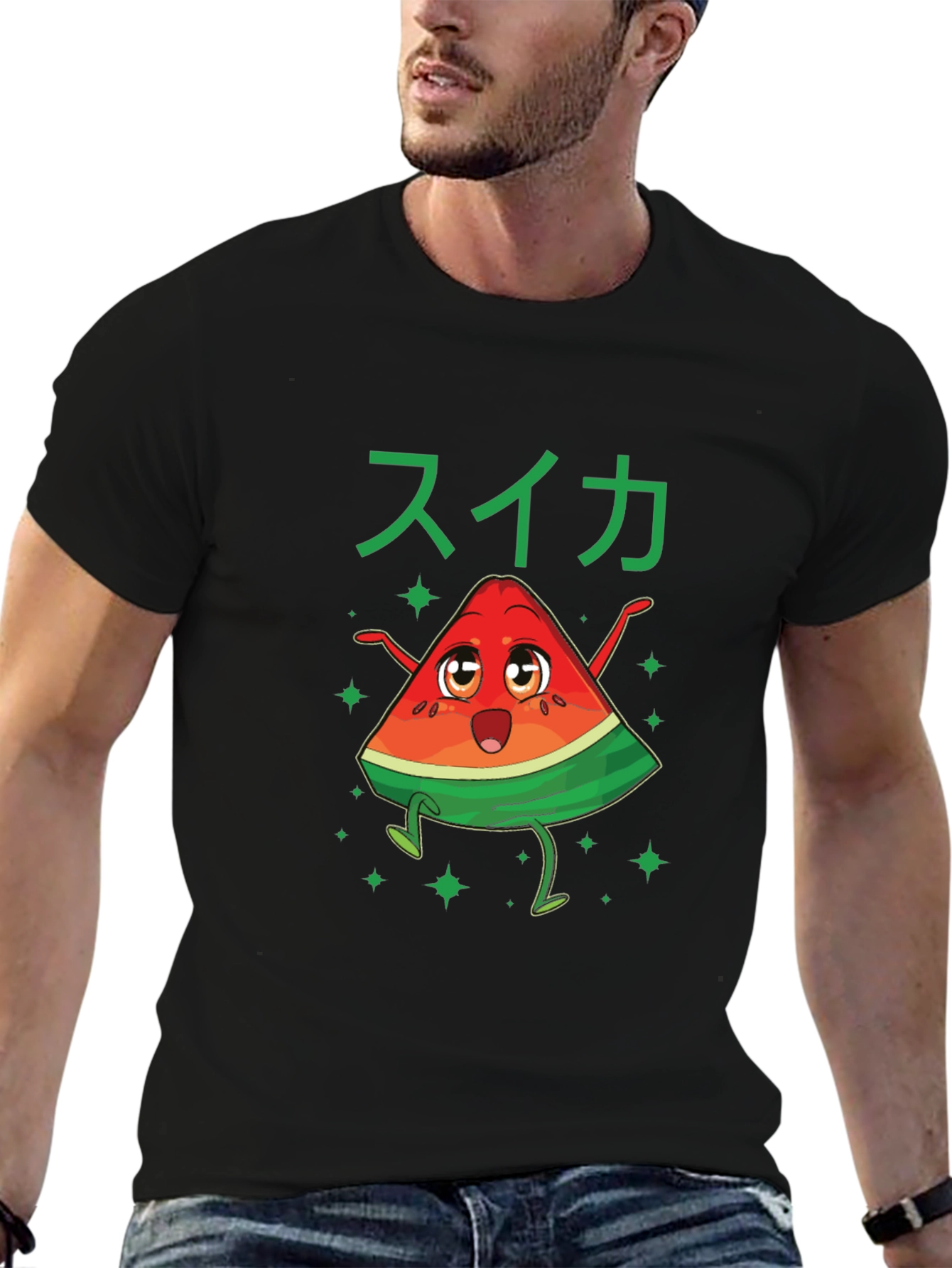 Fun Watermelon Cartoon Graphic Tee - Black Cotton Shirt