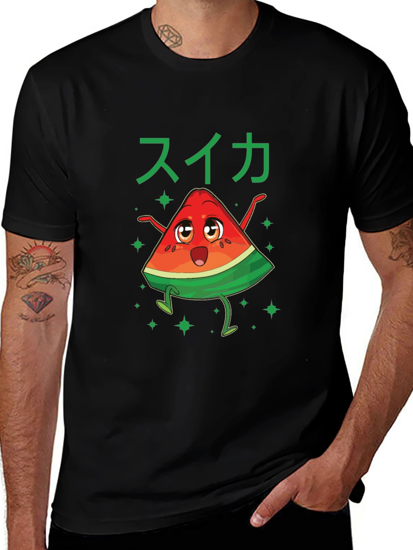 Fun Watermelon Cartoon Graphic Tee - Black Cotton Shirt