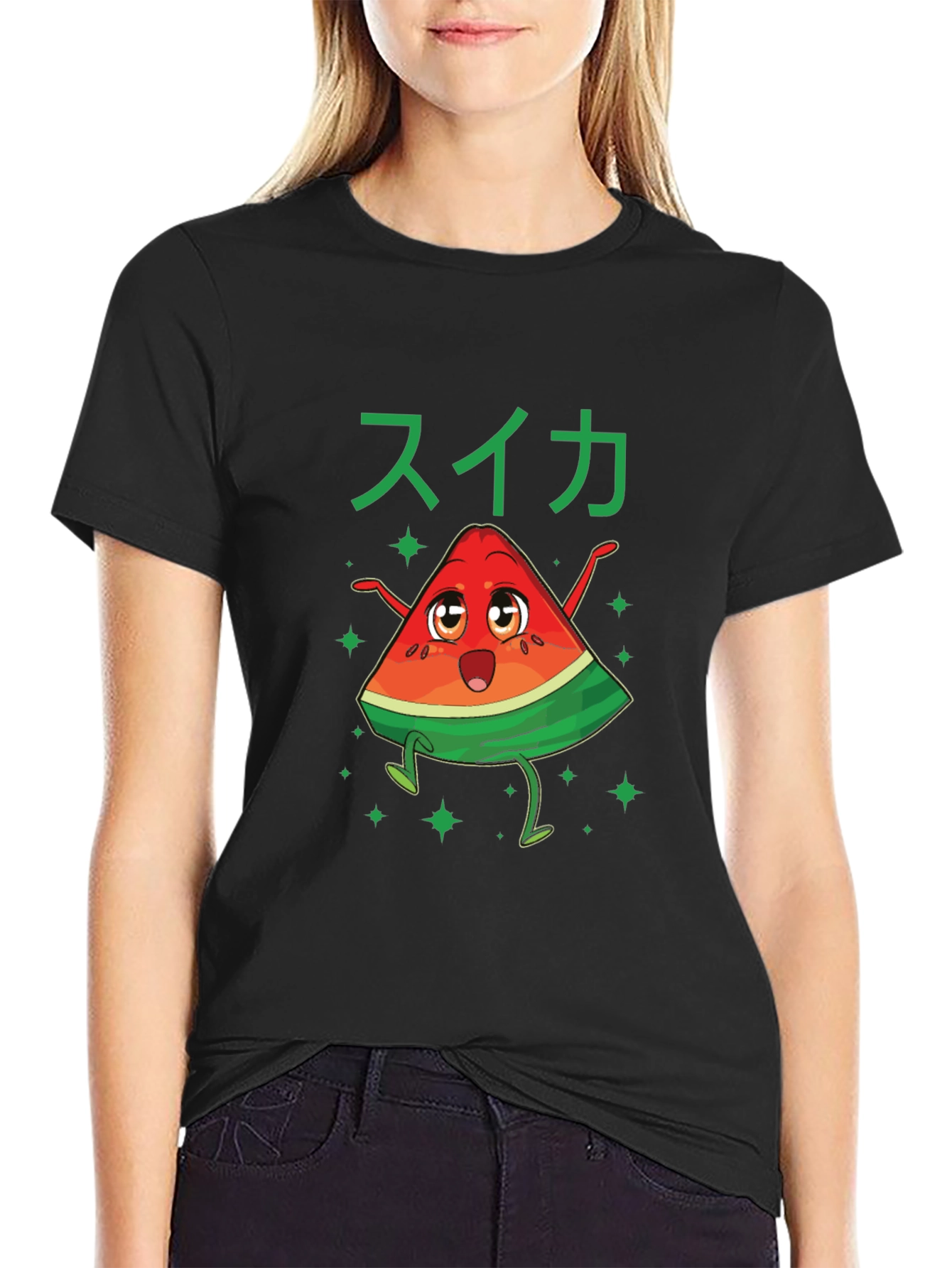 Fun Watermelon Cartoon Graphic Tee - Black Cotton Shirt