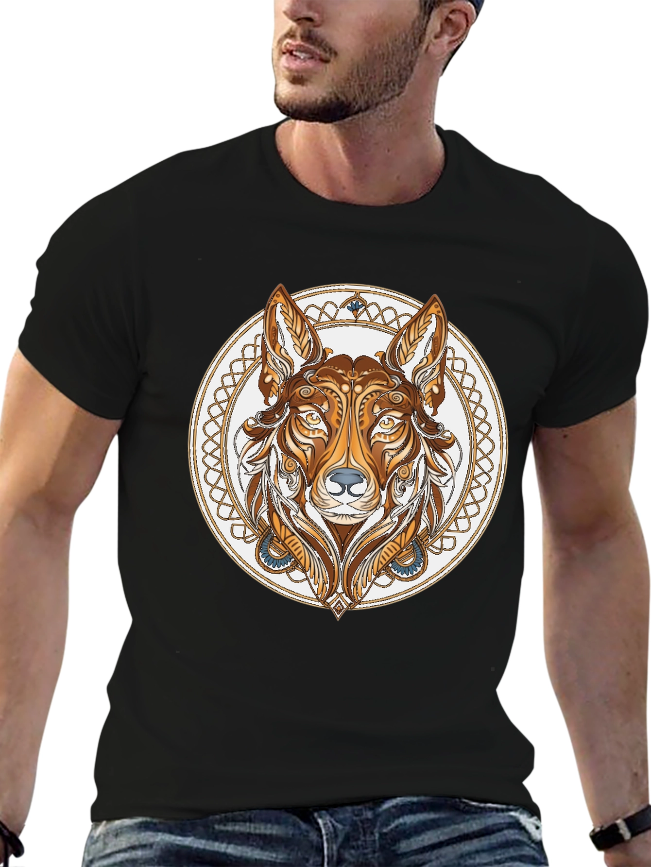 Tribal Wolf Graphic Tee - Black