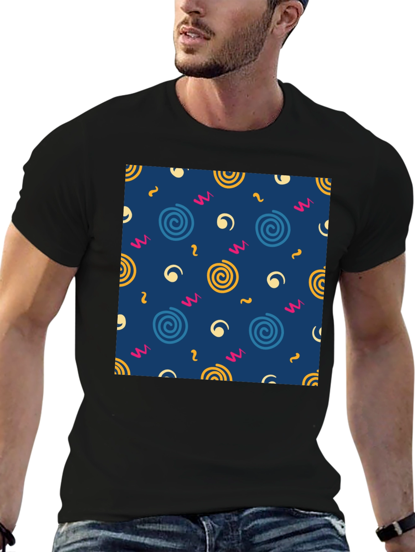 Retro Swirl Pattern Black T-Shirt