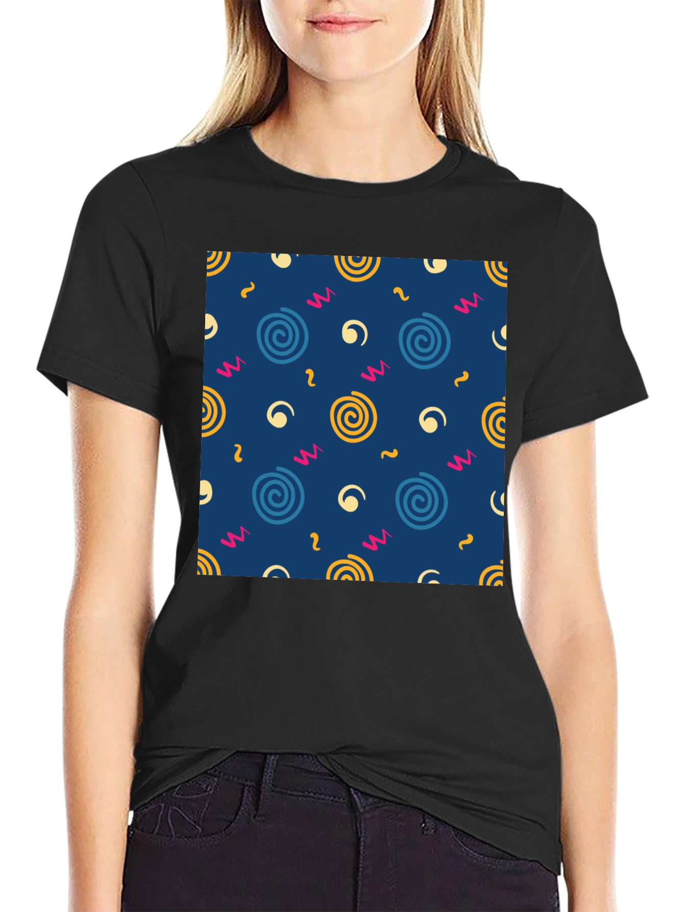Retro Swirl Pattern Black T-Shirt