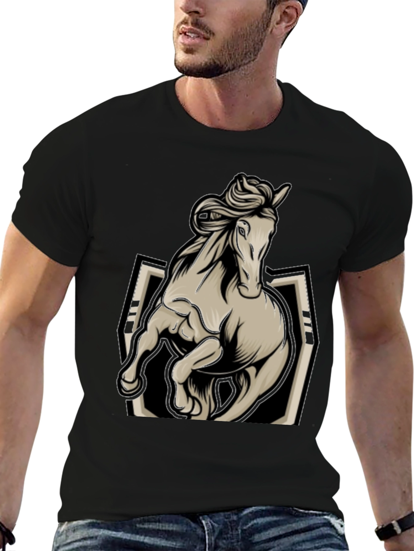 Horse Graphic Tee - Stylish Black Mens T-Shirt