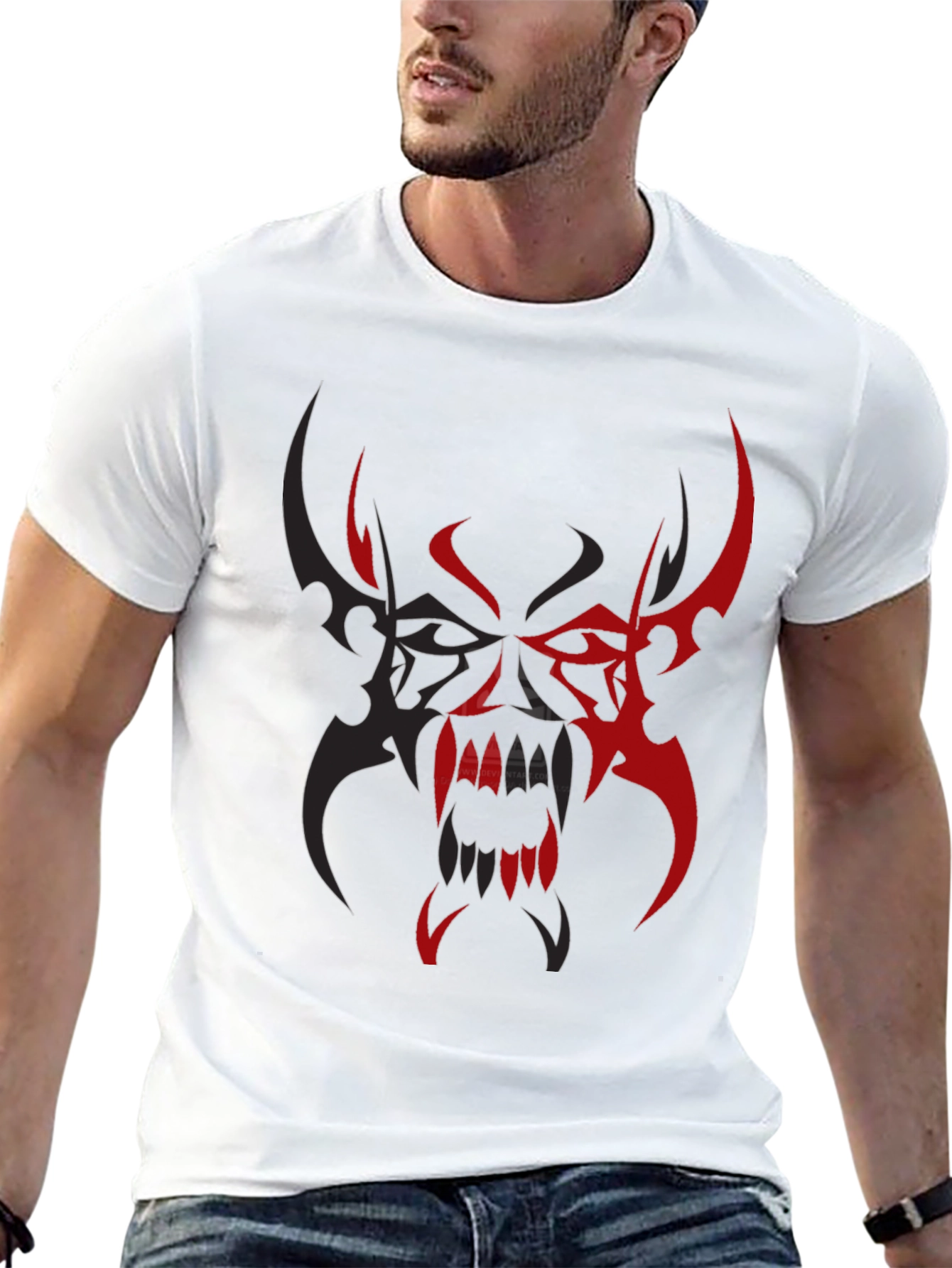 Mens Black T-Shirt with Red/Black Tribal Demon Design
