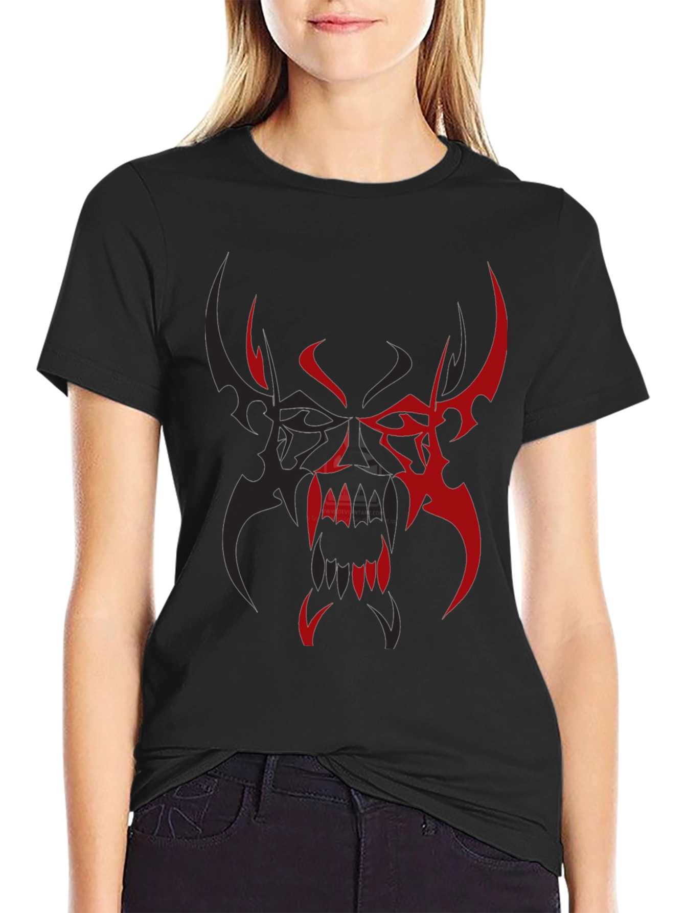 Mens Black T-Shirt with Red/Black Tribal Demon Design