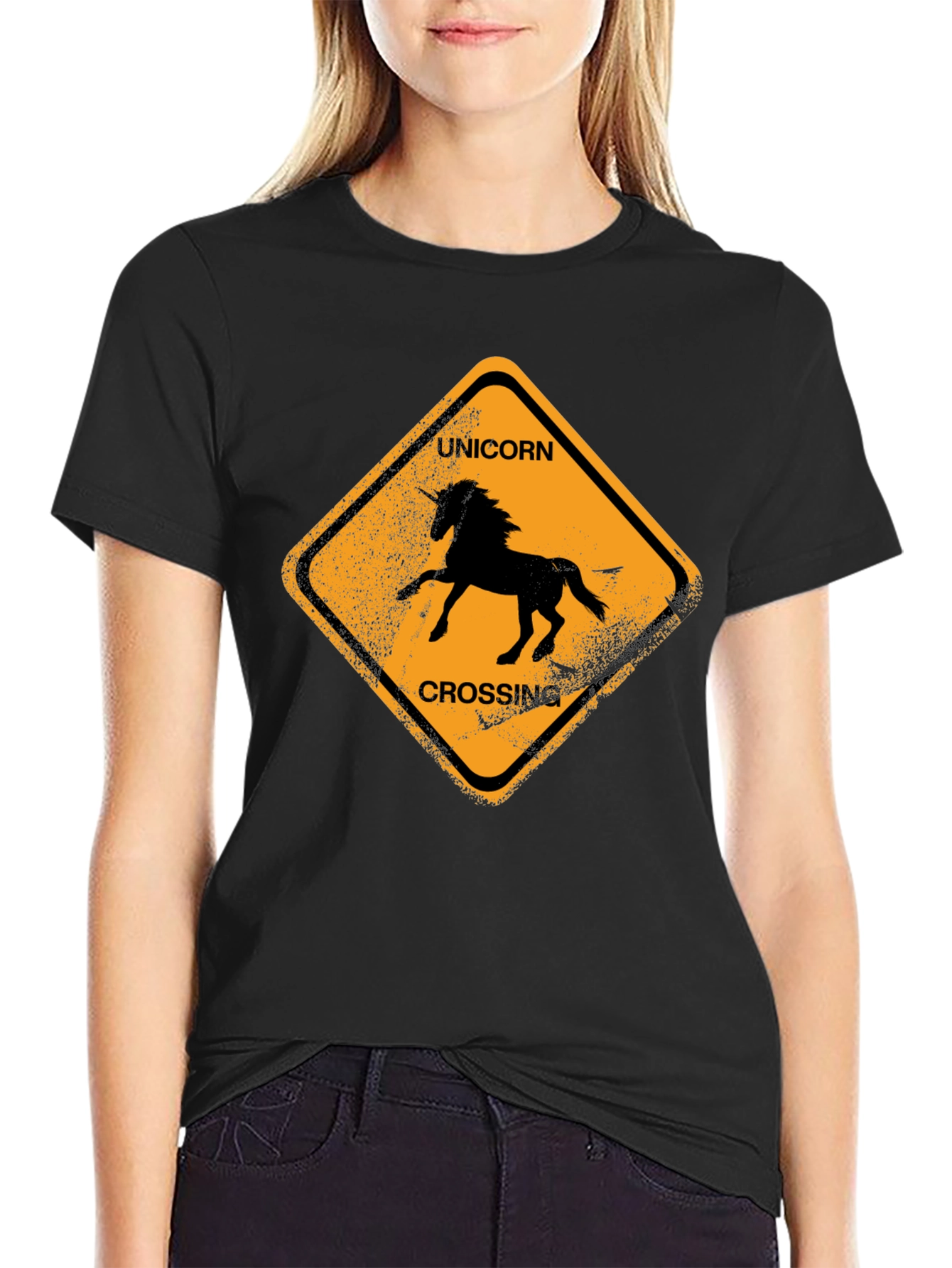 Unicorn Crossing Black Cotton T-Shirt