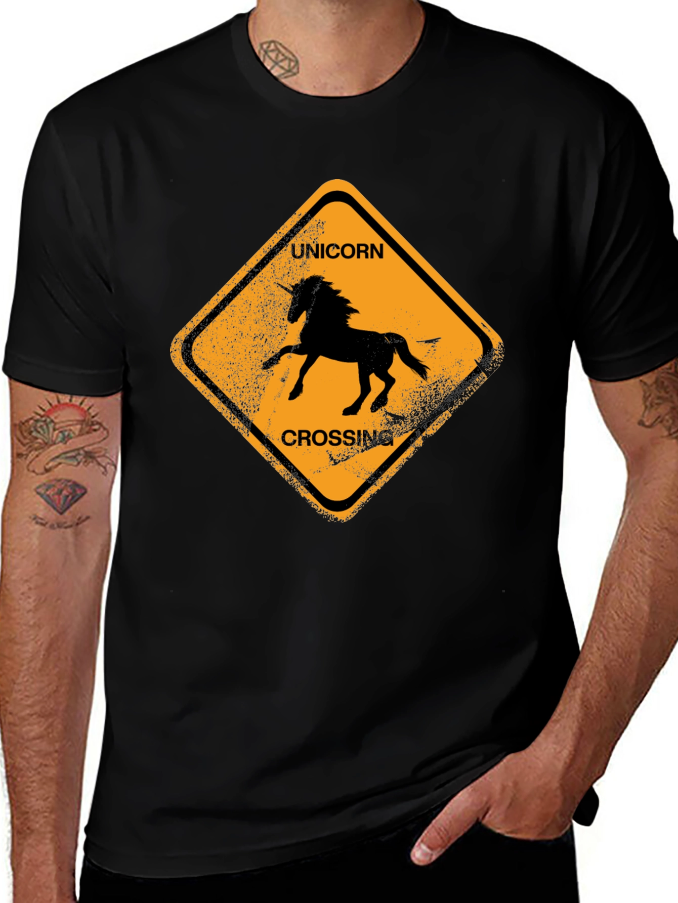 Unicorn Crossing Black Cotton T-Shirt