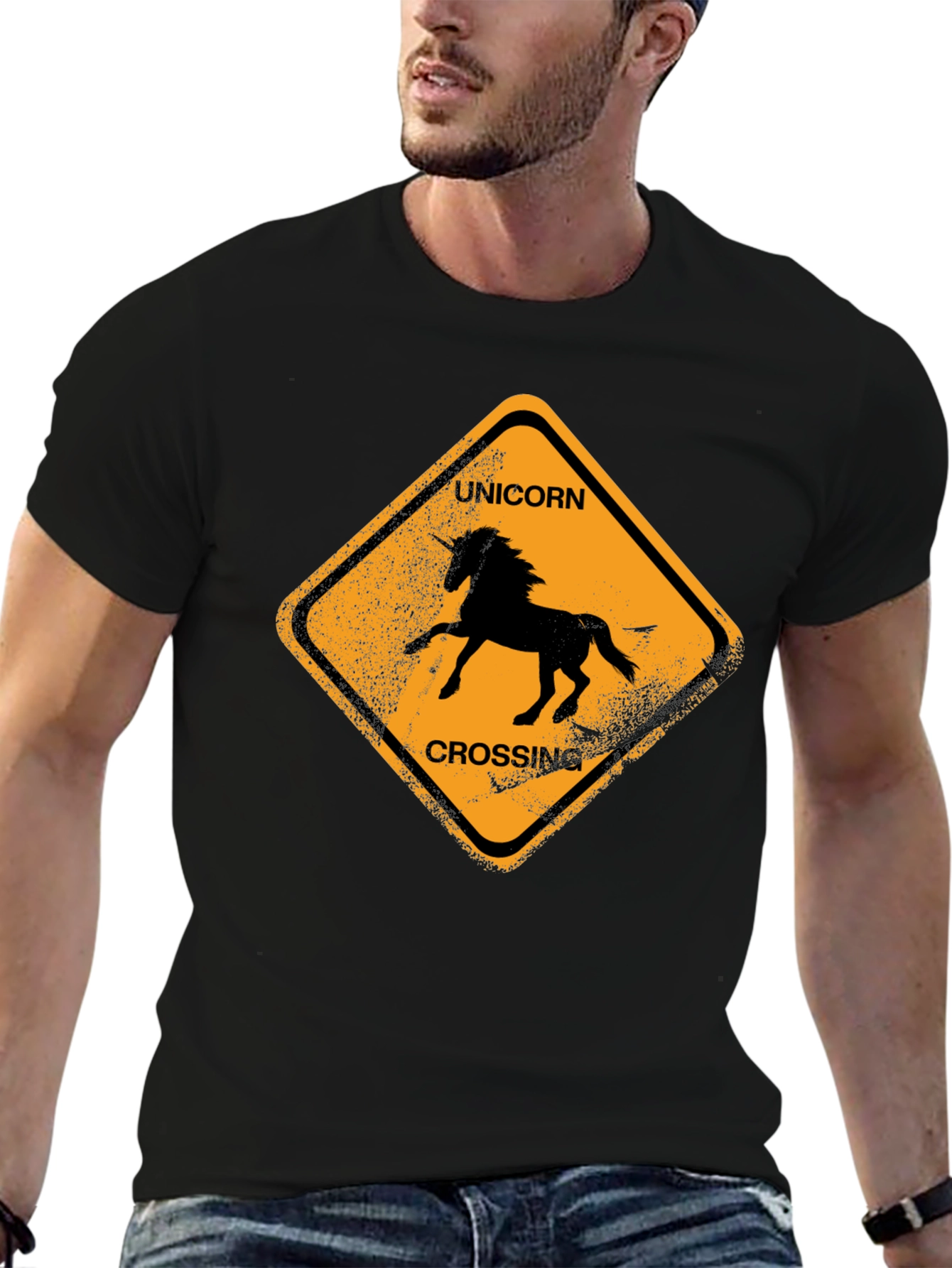 Unicorn Crossing Black Cotton T-Shirt