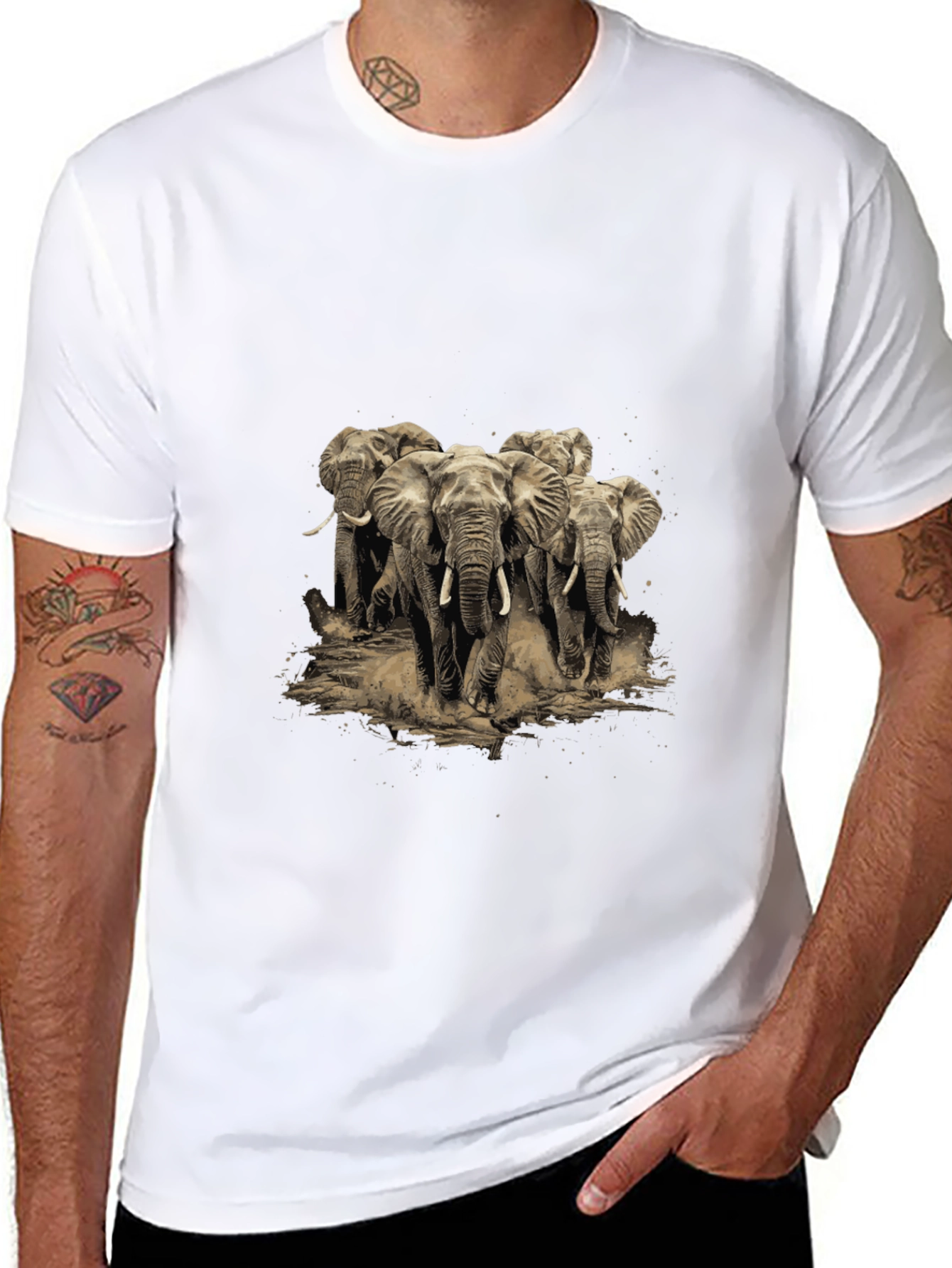 Elephant Herd Graphic Tee - Black Cotton T-Shirt