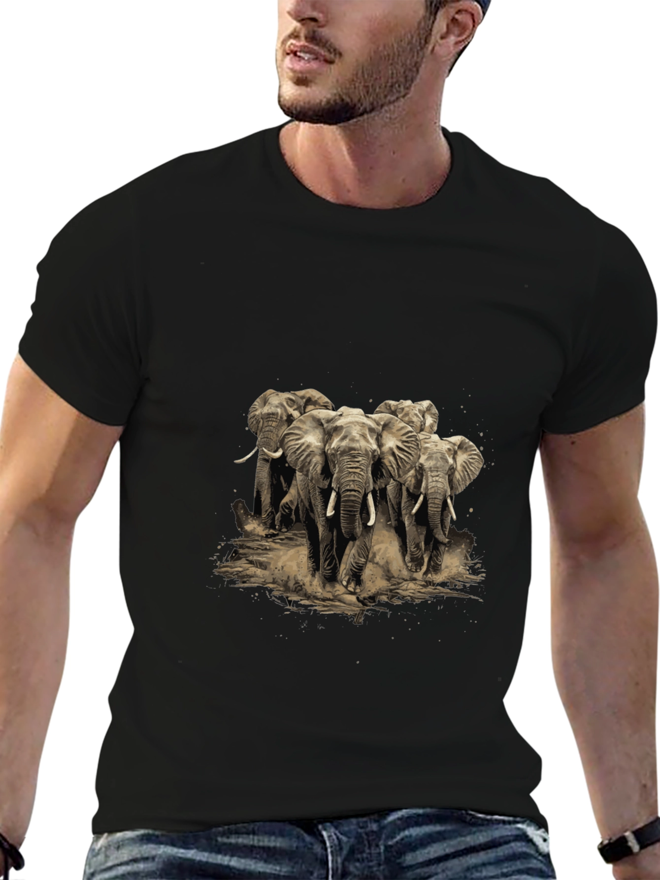 Elephant Herd Graphic Tee - Black Cotton T-Shirt