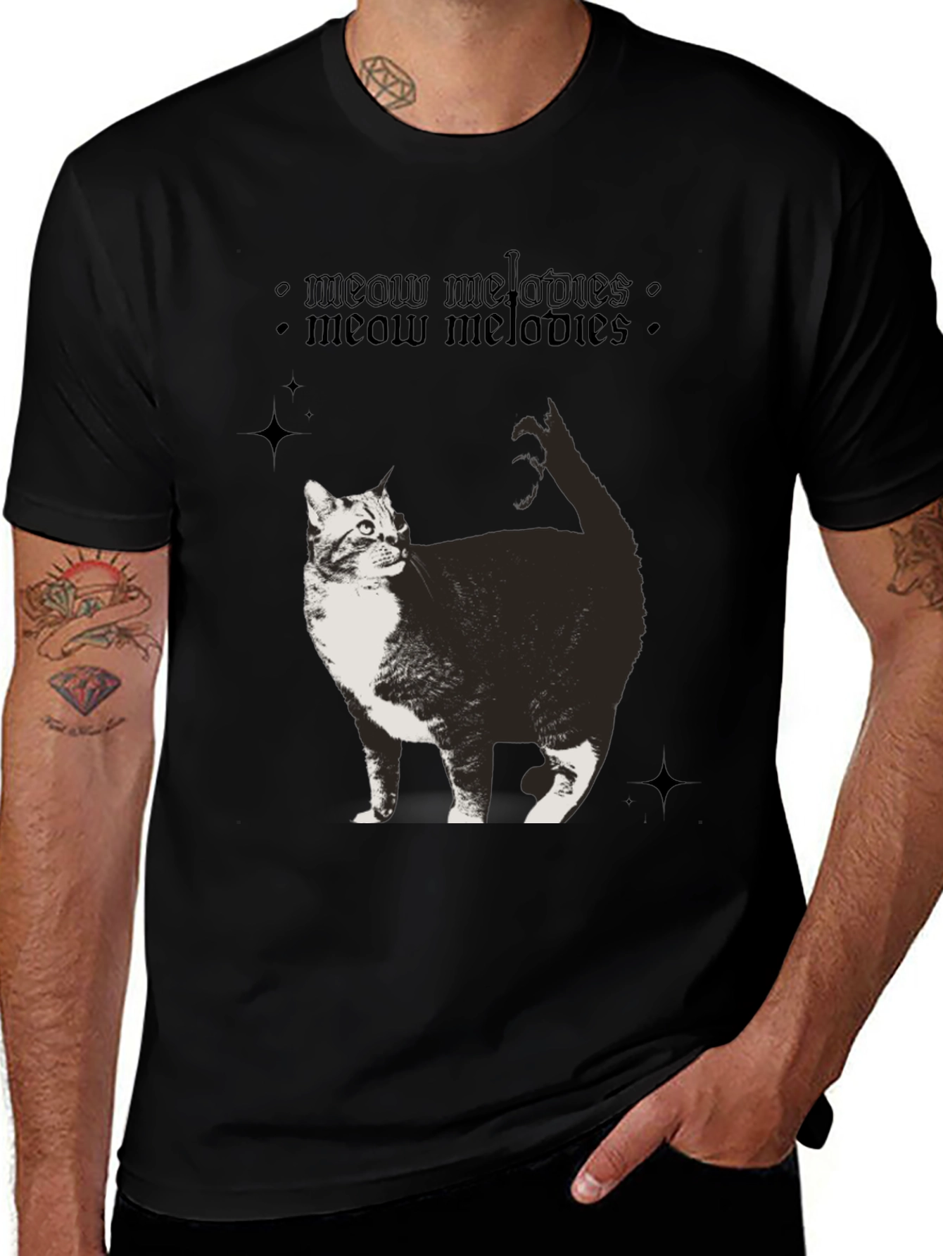 Meow Melodies Black T-Shirt Cat Graphic