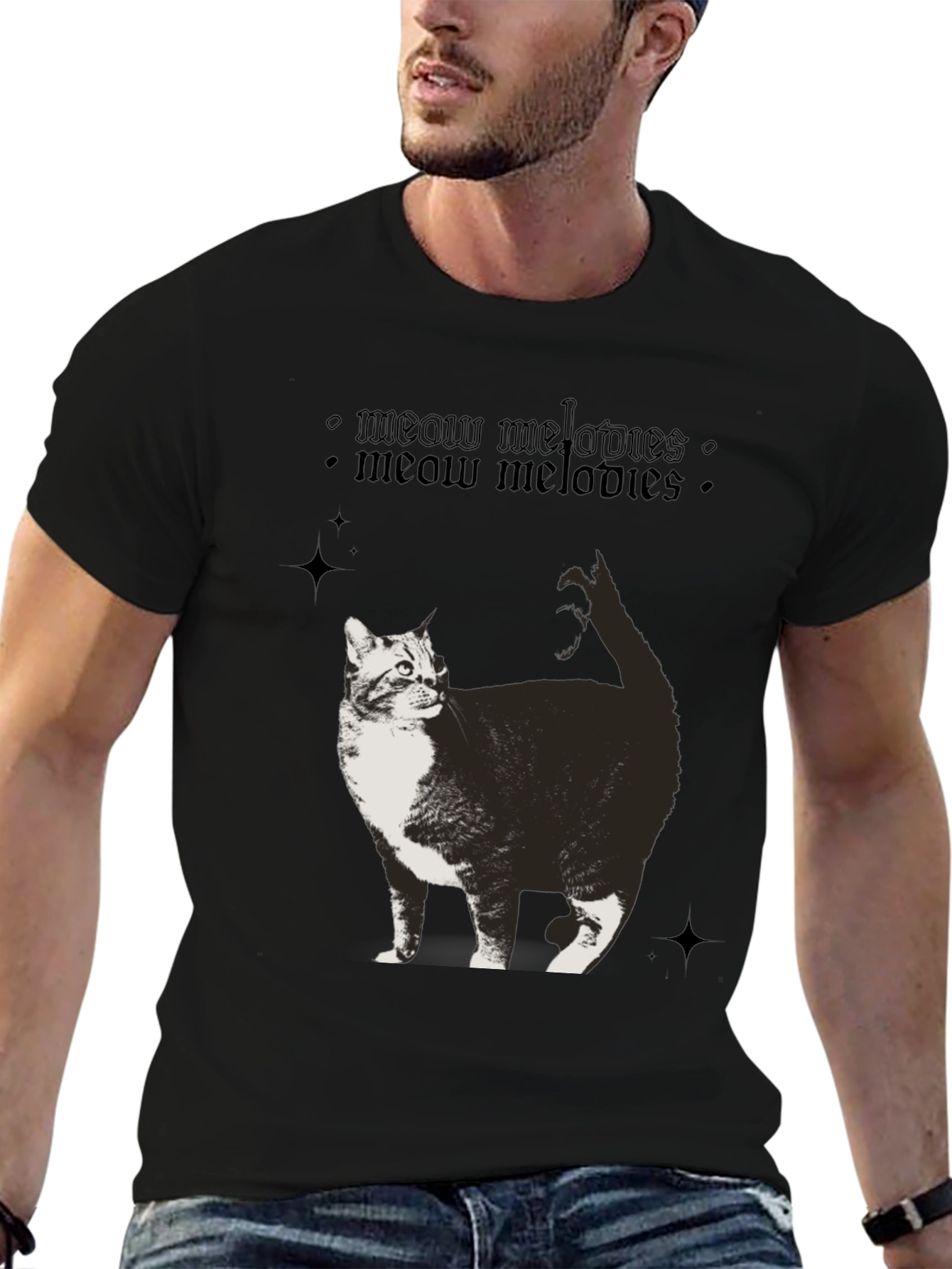 Meow Melodies Black T-Shirt Cat Graphic