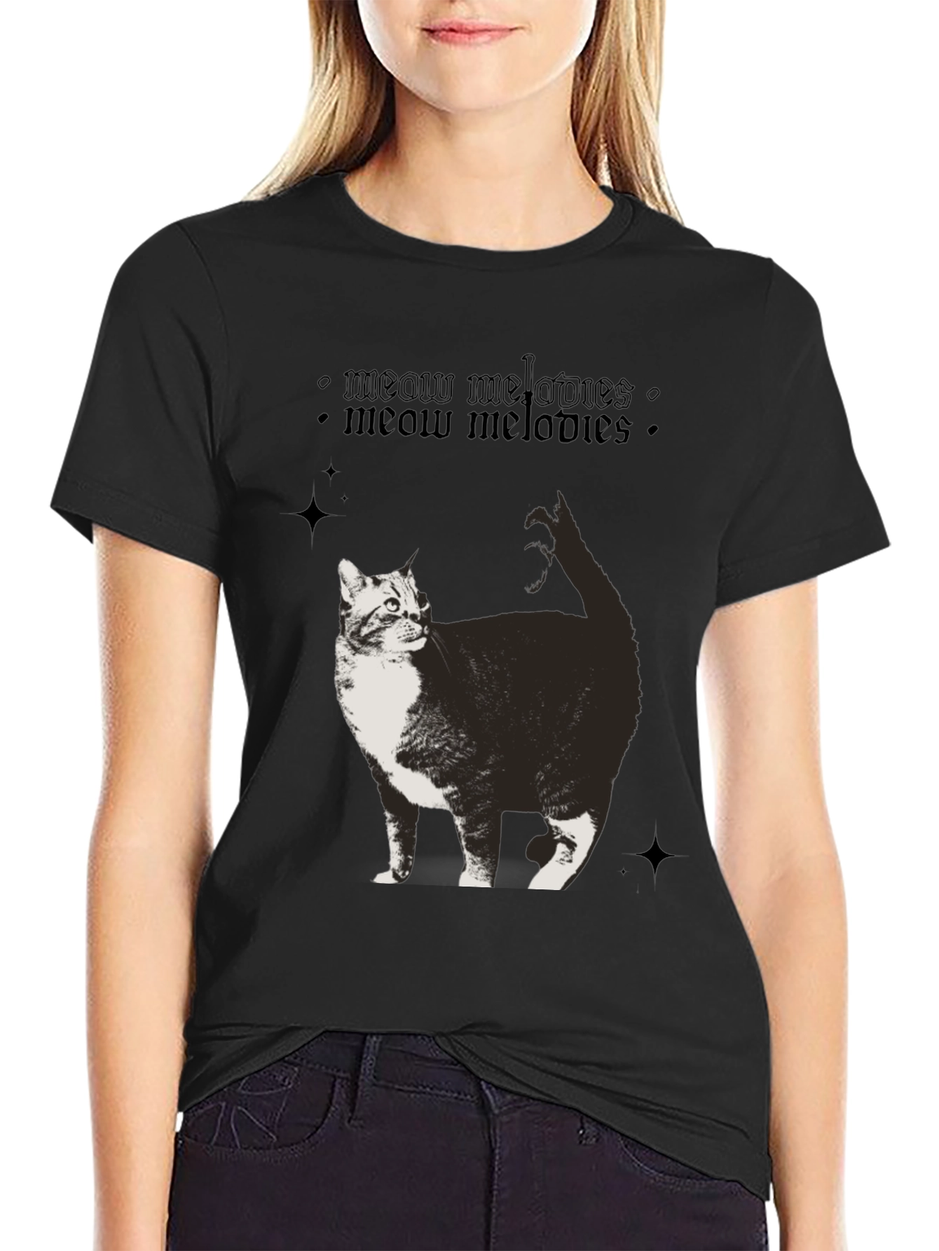 Meow Melodies Black T-Shirt Cat Graphic