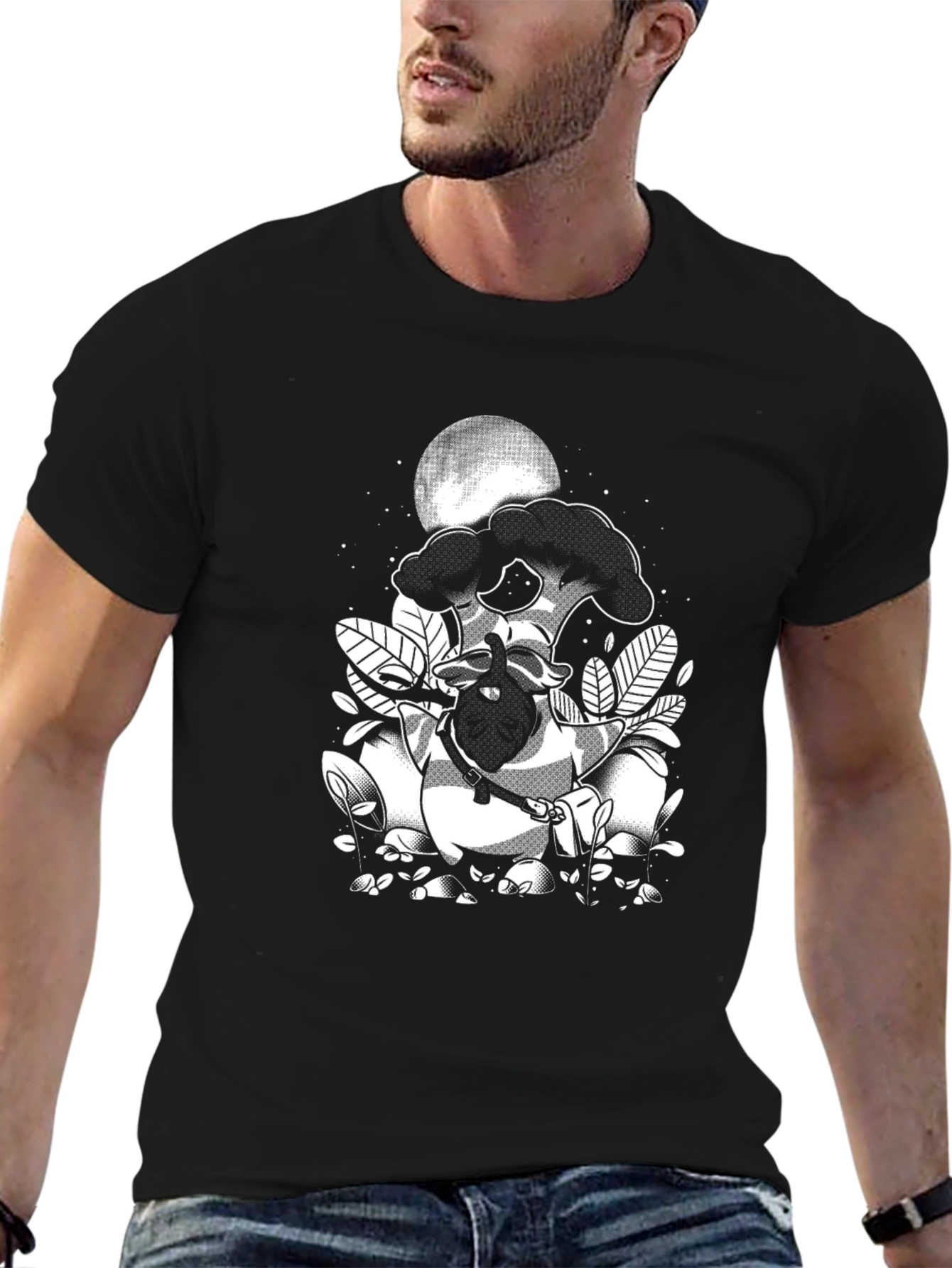 Black Graphic Tee: Raccoon Moon