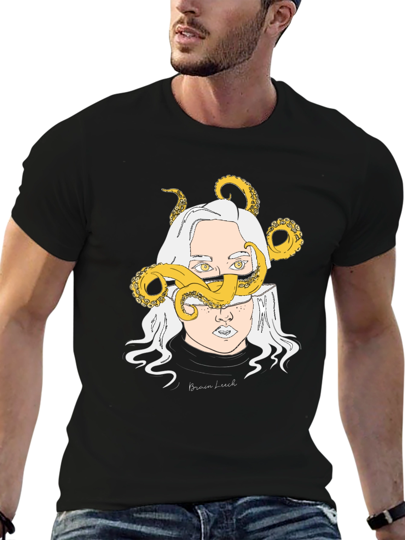 Brain Leech Graphic Print Black T-Shirt