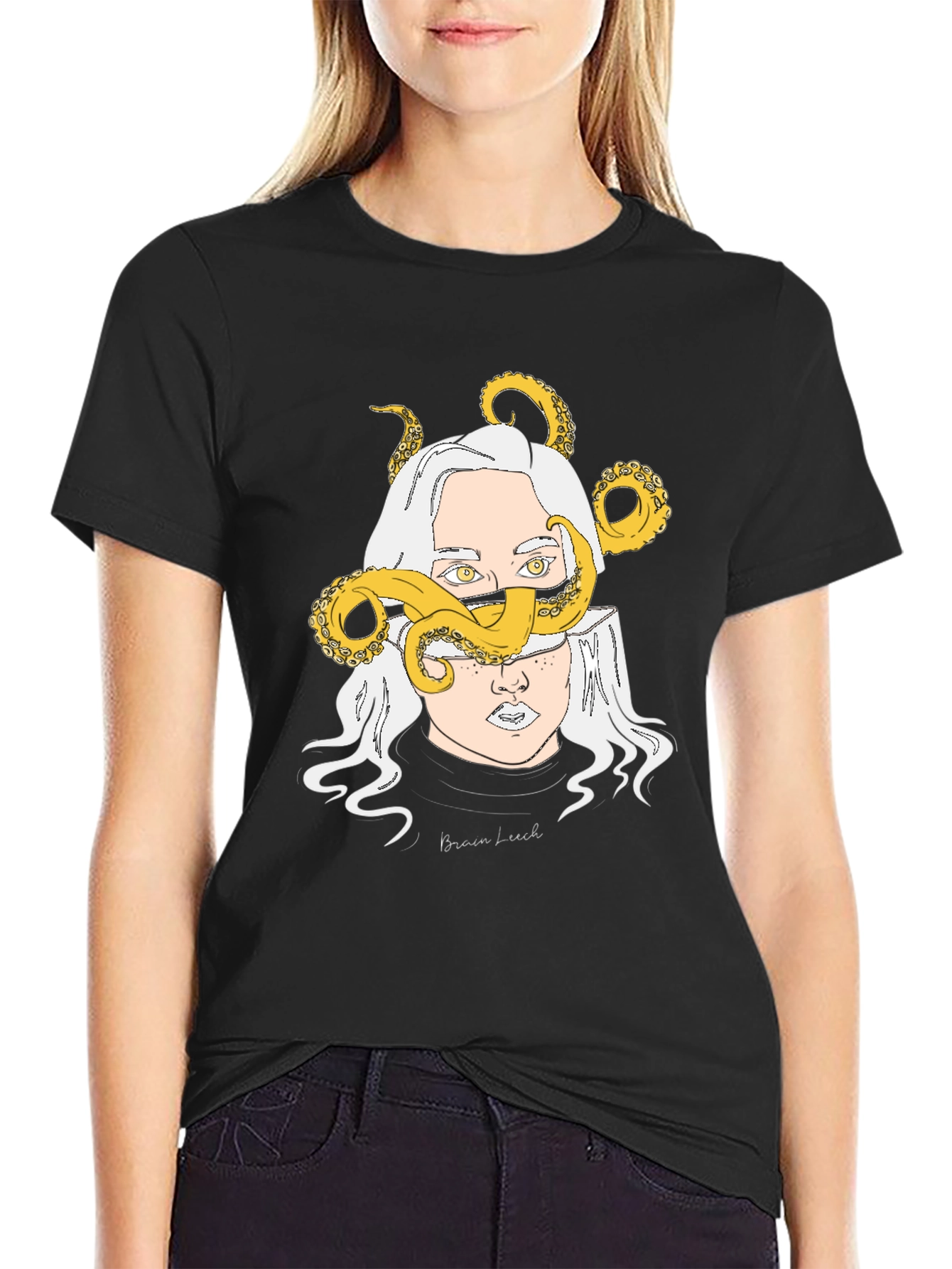 Brain Leech Graphic Print Black T-Shirt
