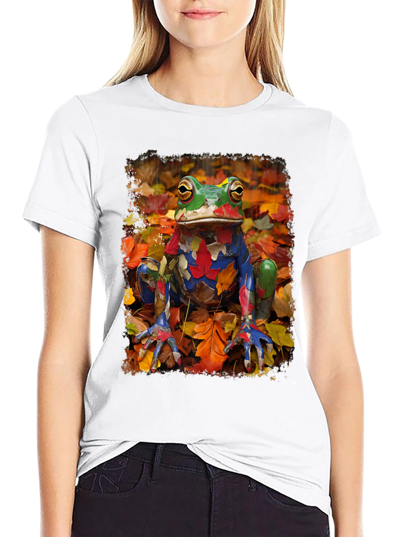 Frog in Fall Leaves Black T-Shirt