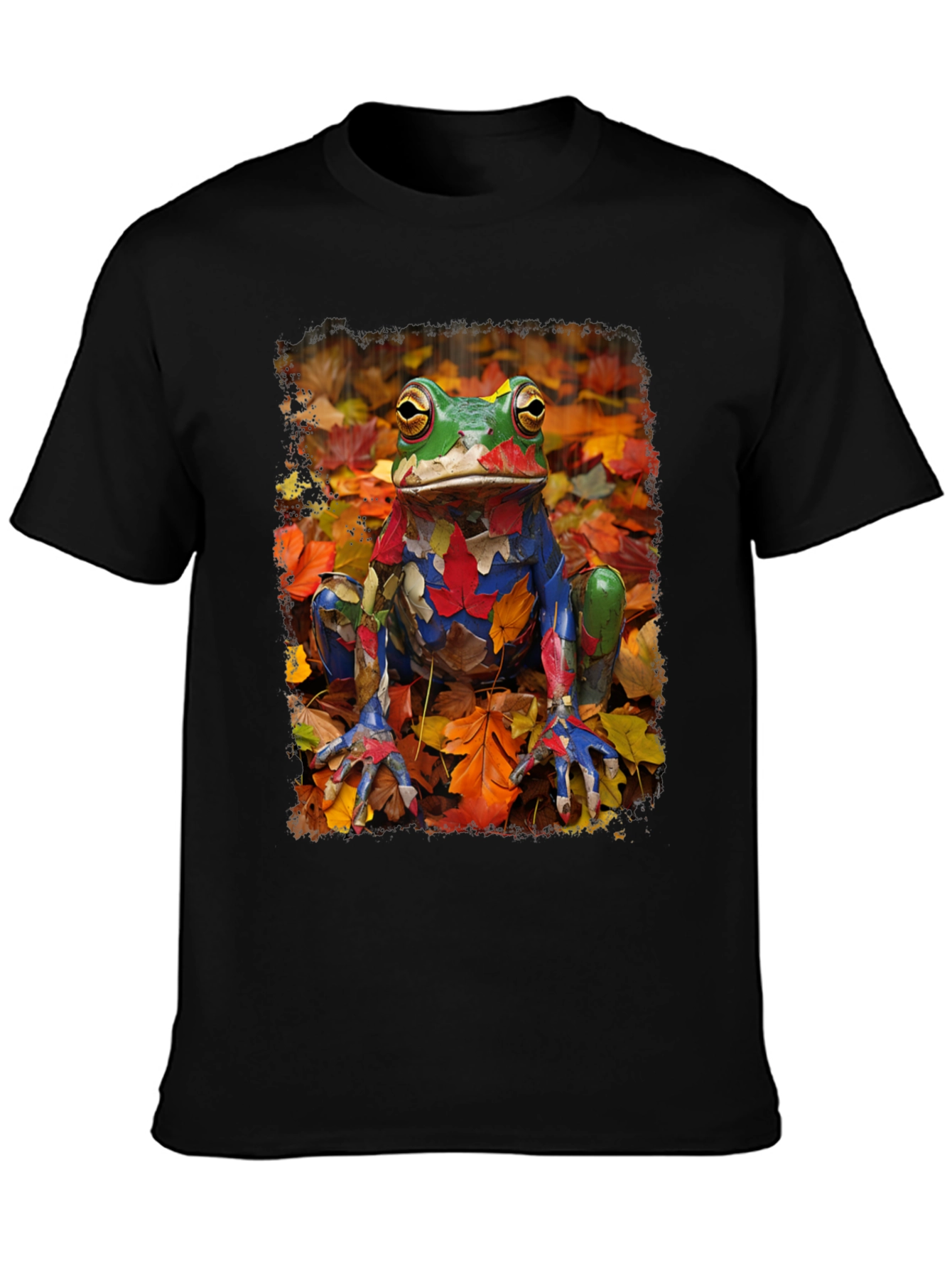 Frog in Fall Leaves Black T-Shirt