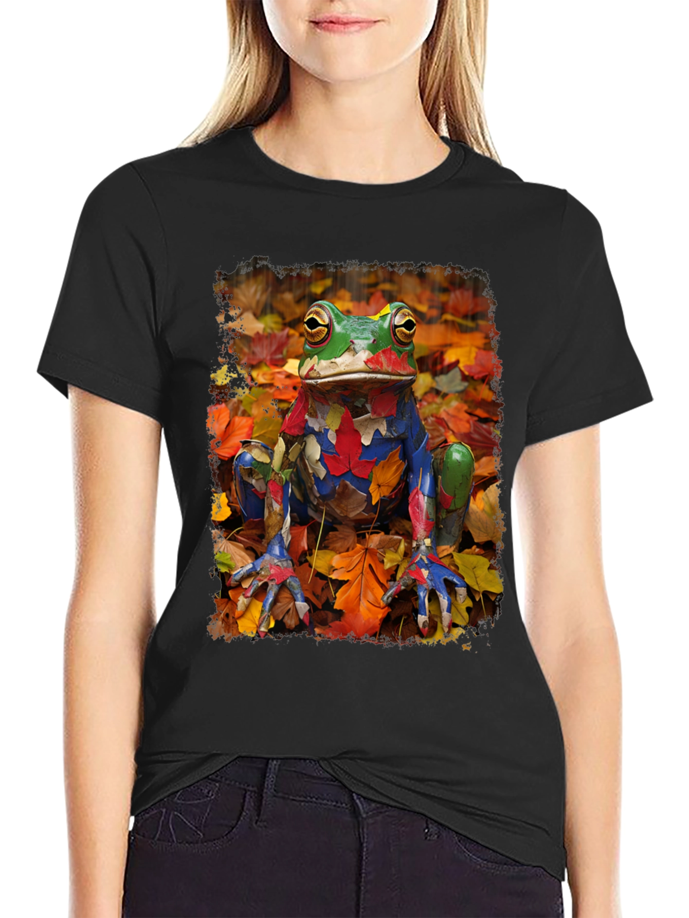 Frog in Fall Leaves Black T-Shirt