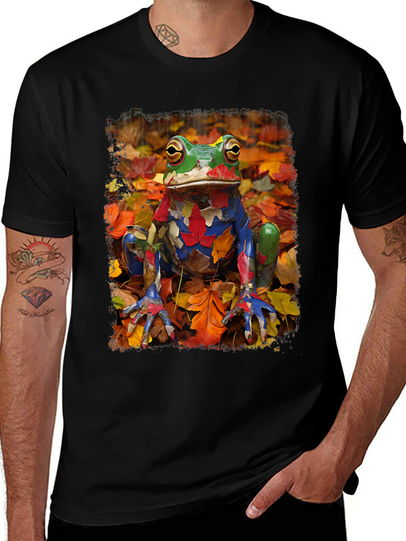 Frog in Fall Leaves Black T-Shirt