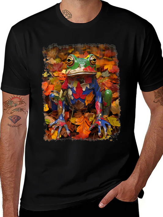 Frog in Fall Leaves Black T-Shirt