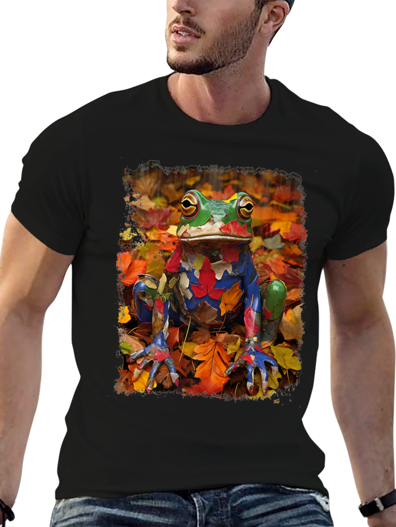 Frog in Fall Leaves Black T-Shirt