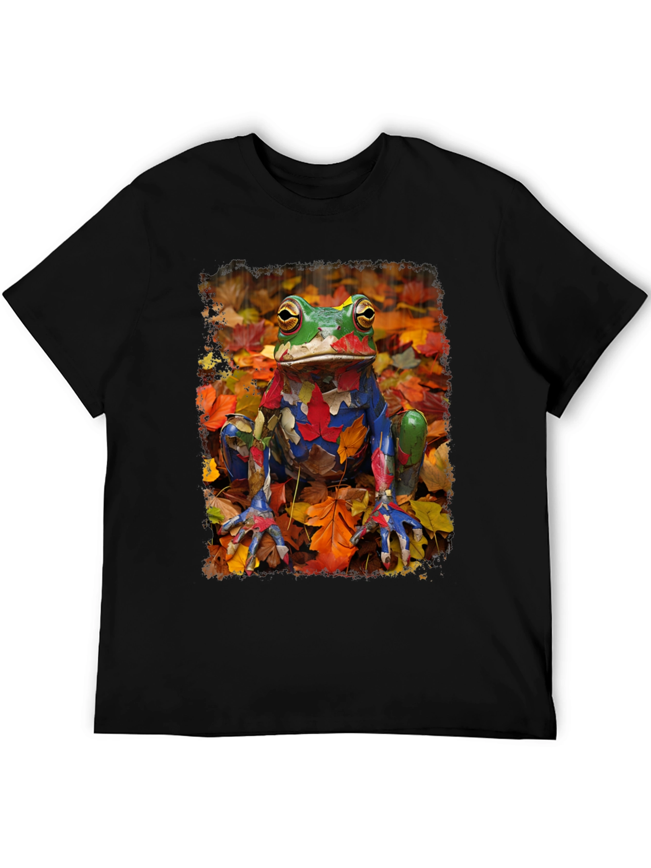Frog in Fall Leaves Black T-Shirt