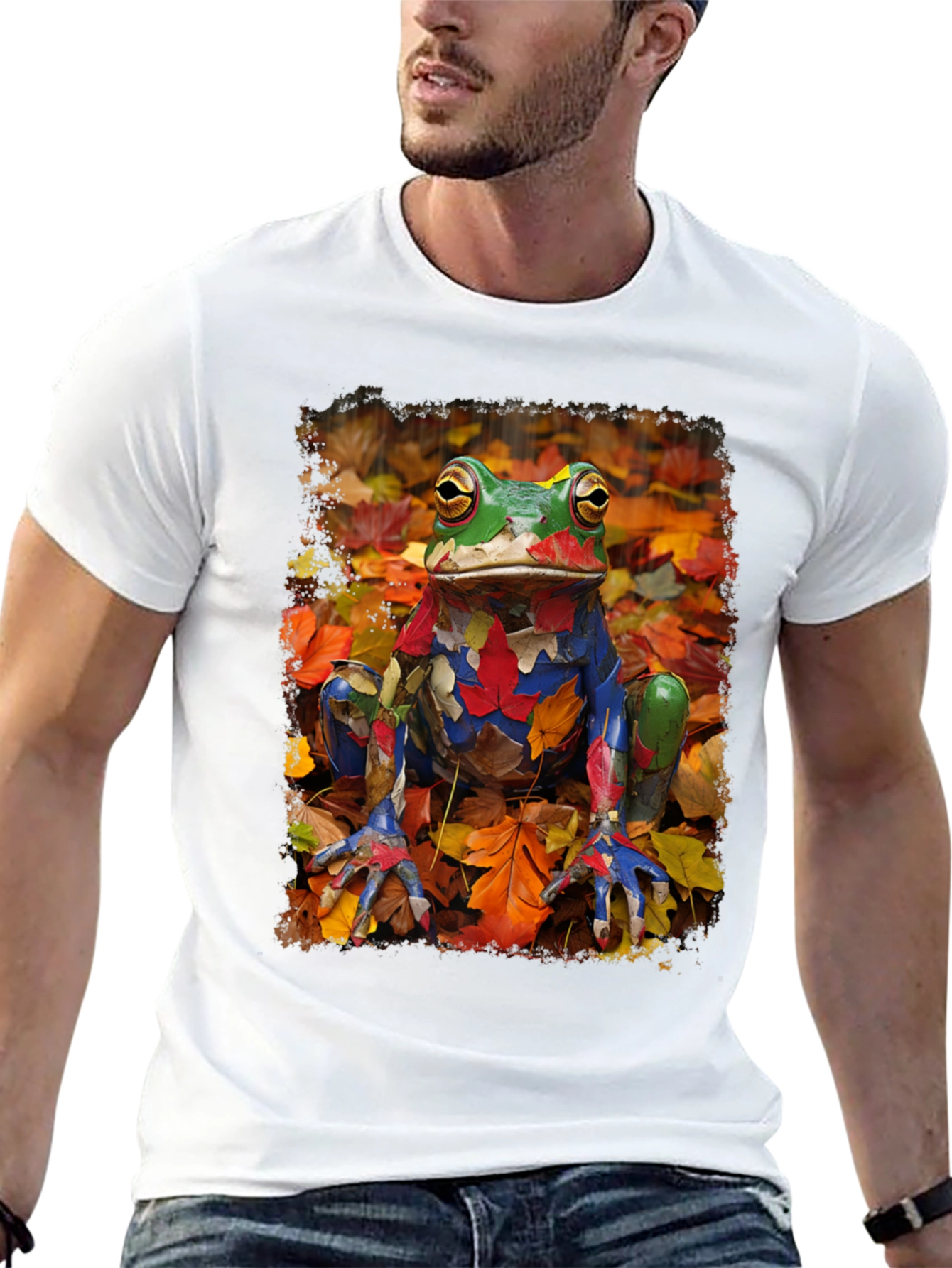 Frog in Fall Leaves Black T-Shirt