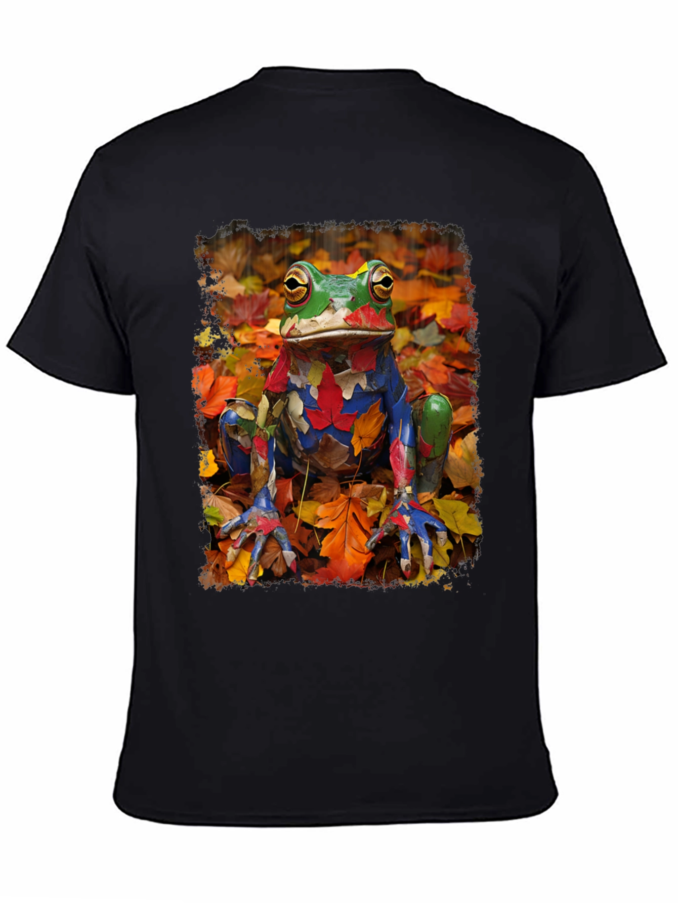 Frog in Fall Leaves Black T-Shirt