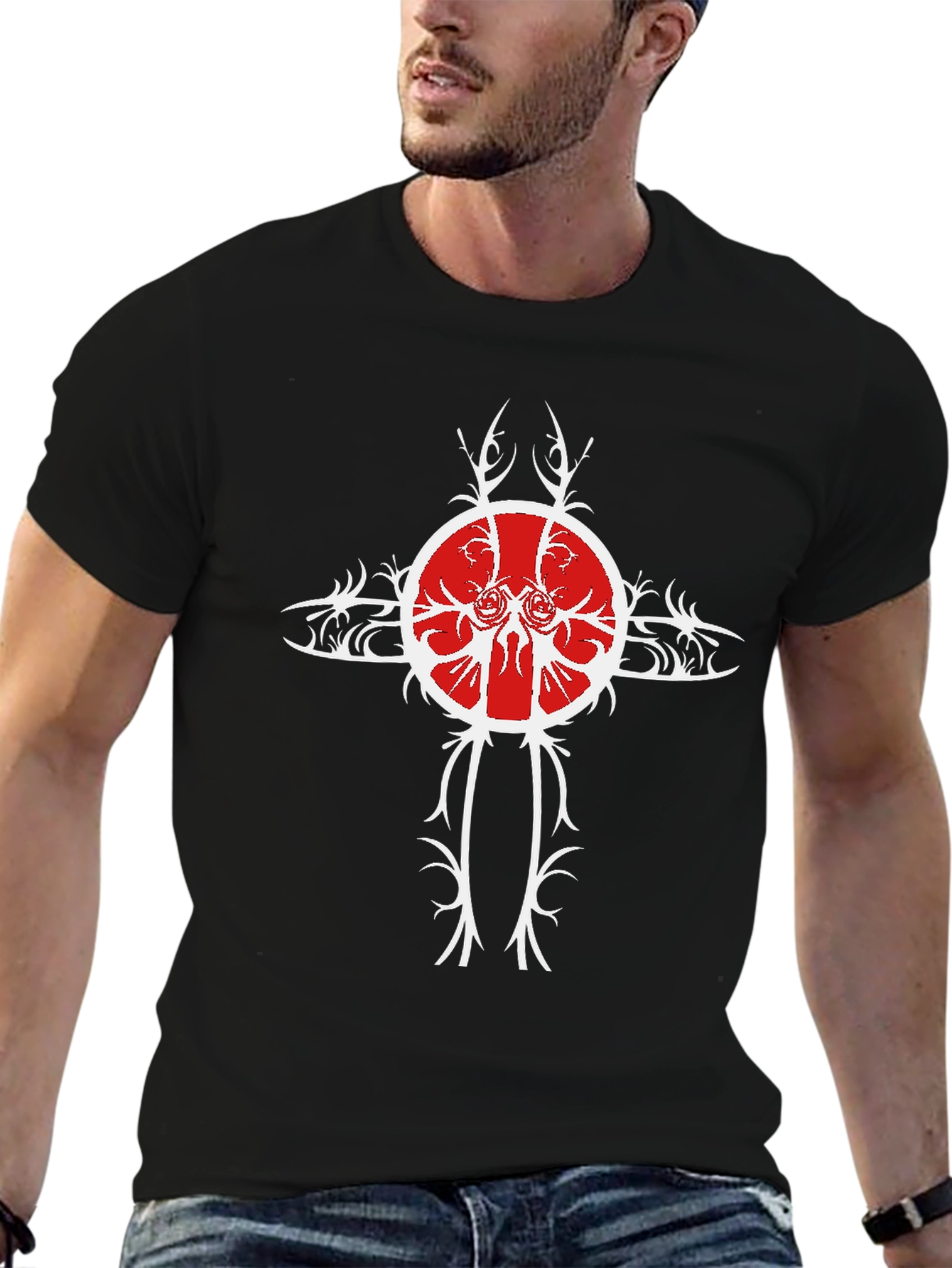 Black Tee with Unique Red & White Cross Design