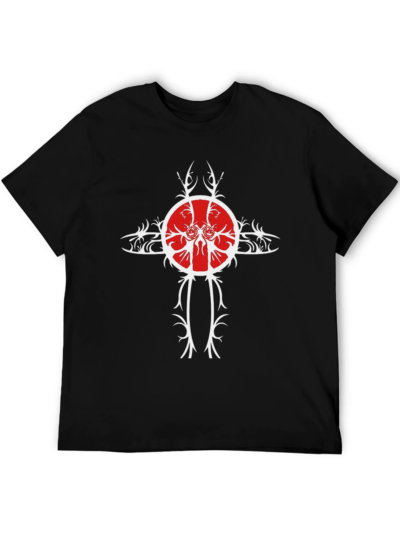Black Tee with Unique Red & White Cross Design