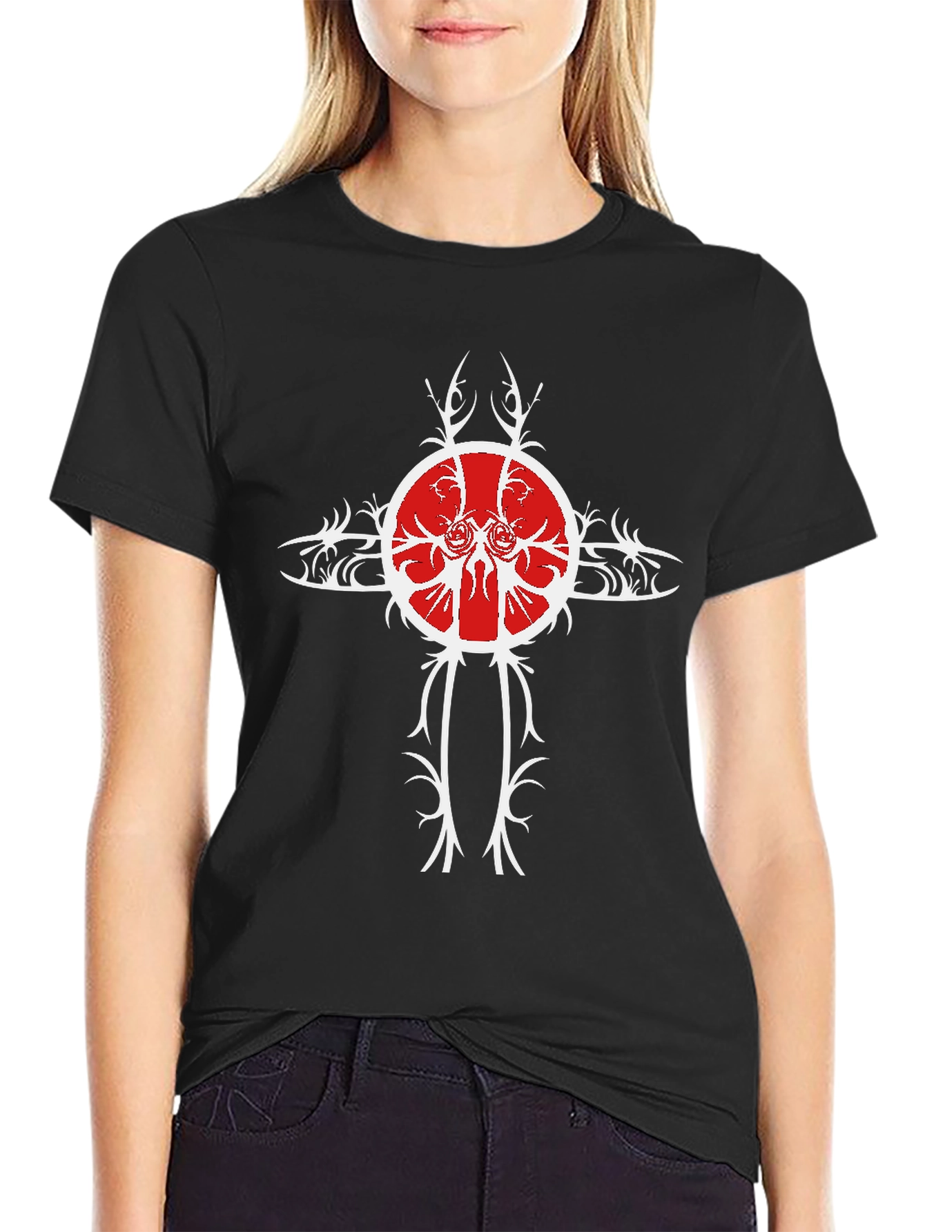 Black Tee with Unique Red & White Cross Design