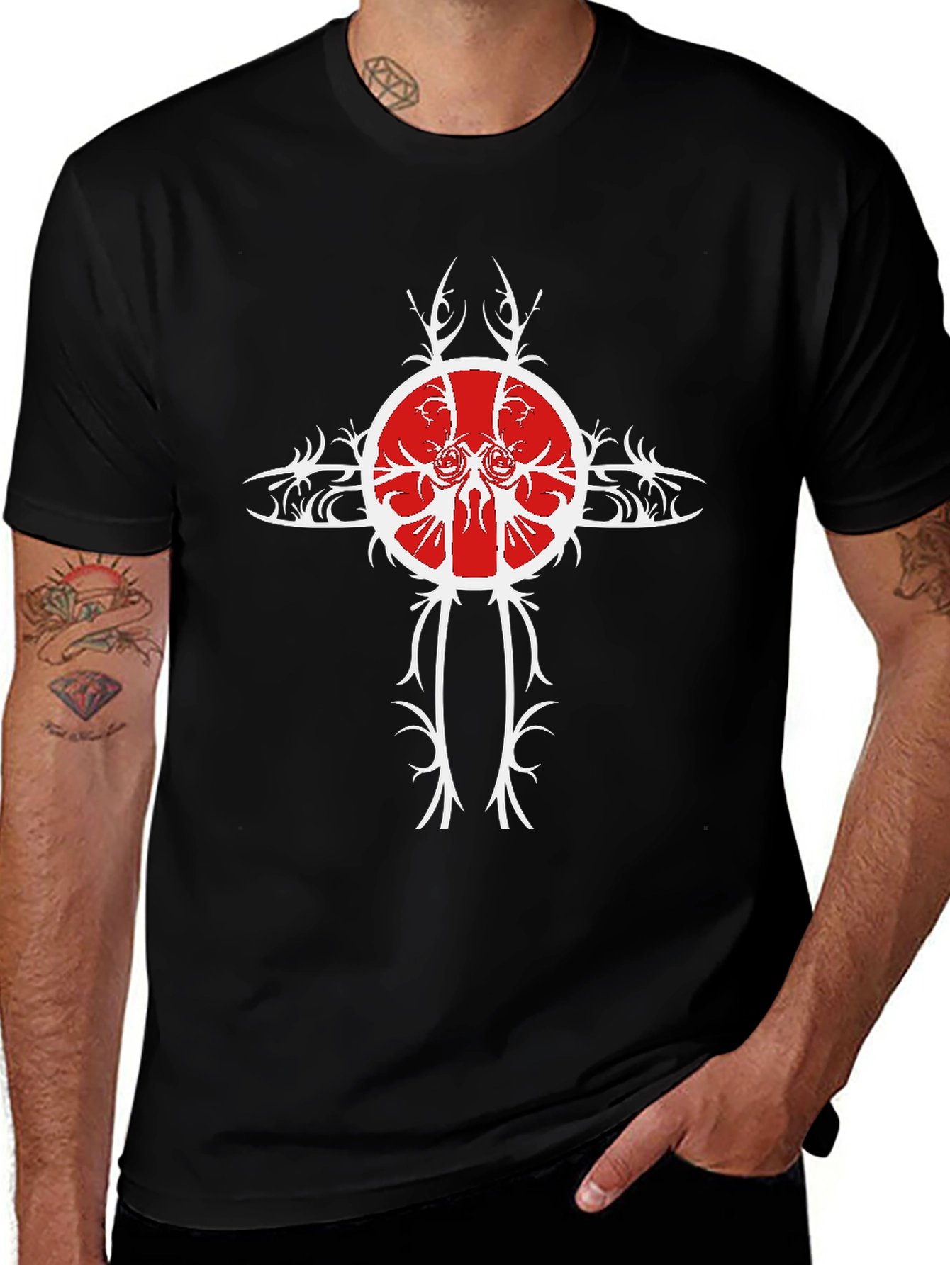 Black Tee with Unique Red & White Cross Design