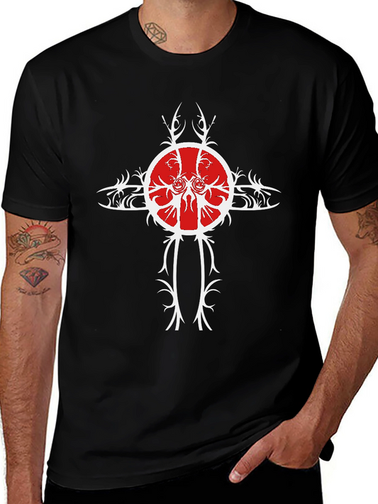 Black Tee with Unique Red & White Cross Design