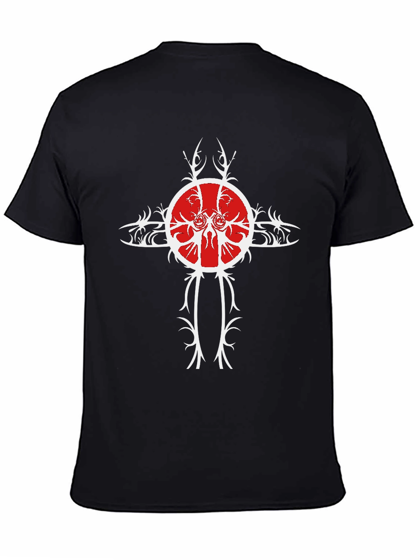 Black Tee with Unique Red & White Cross Design