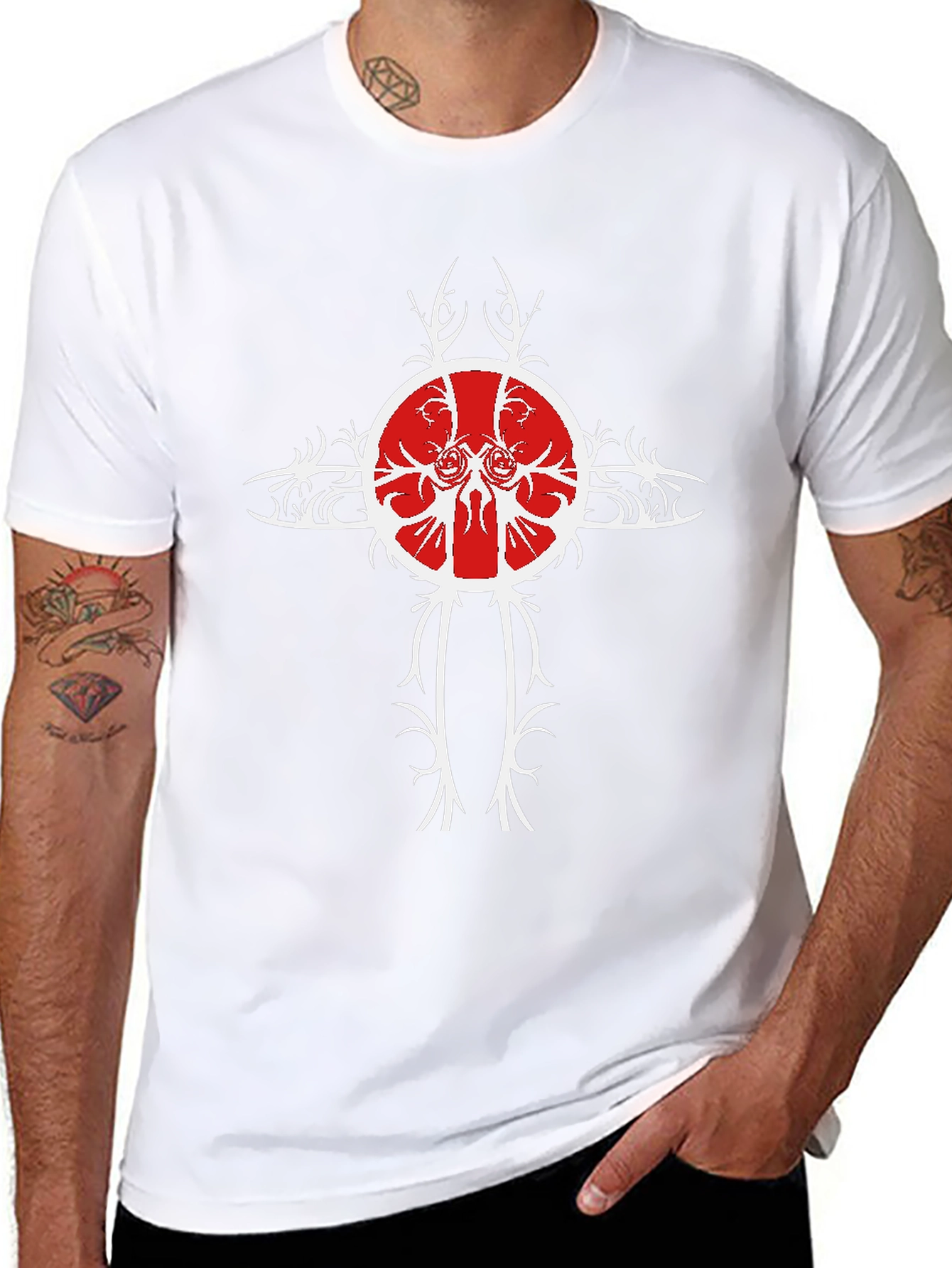 Black Tee with Unique Red & White Cross Design