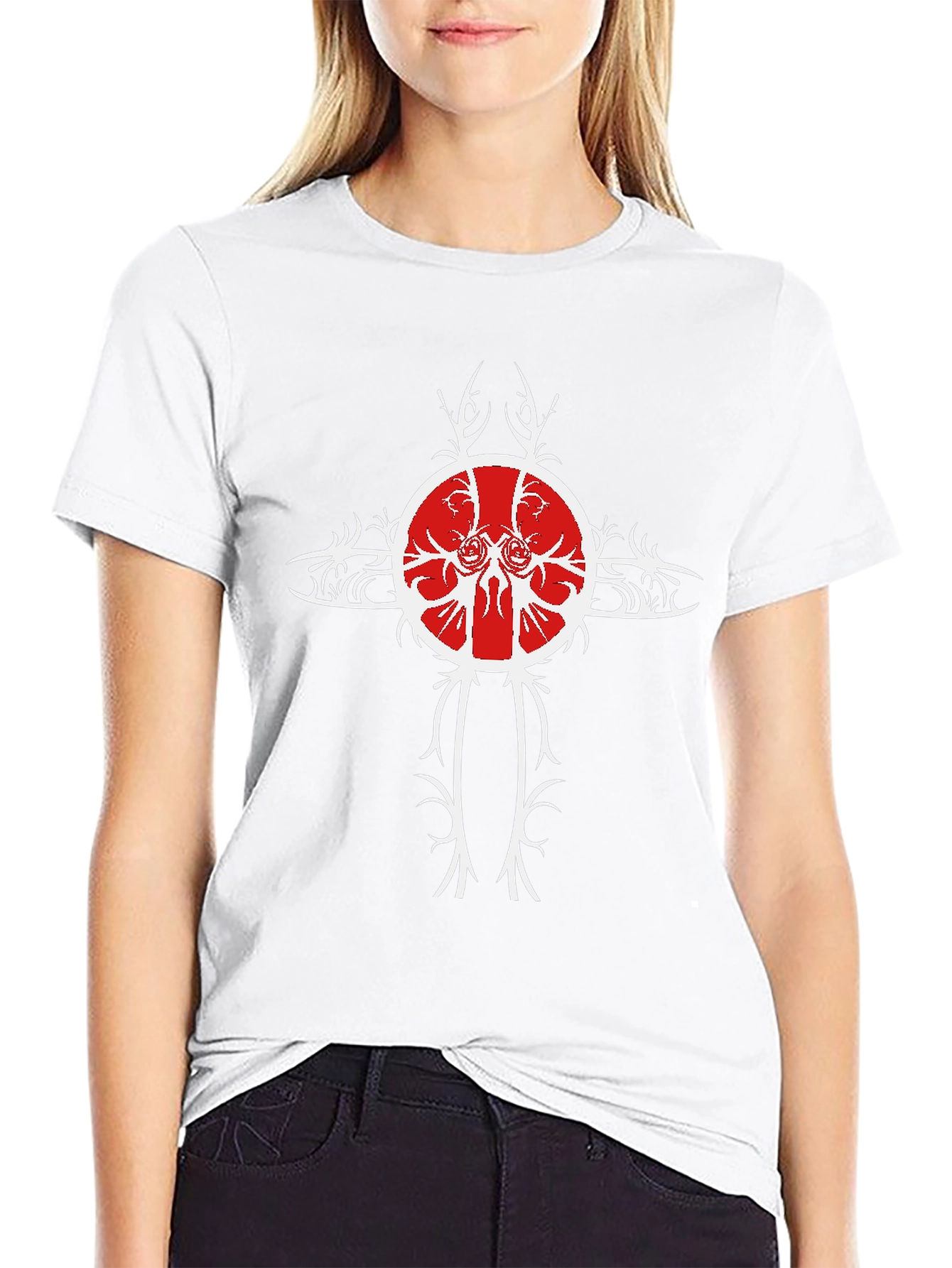 Black Tee with Unique Red & White Cross Design