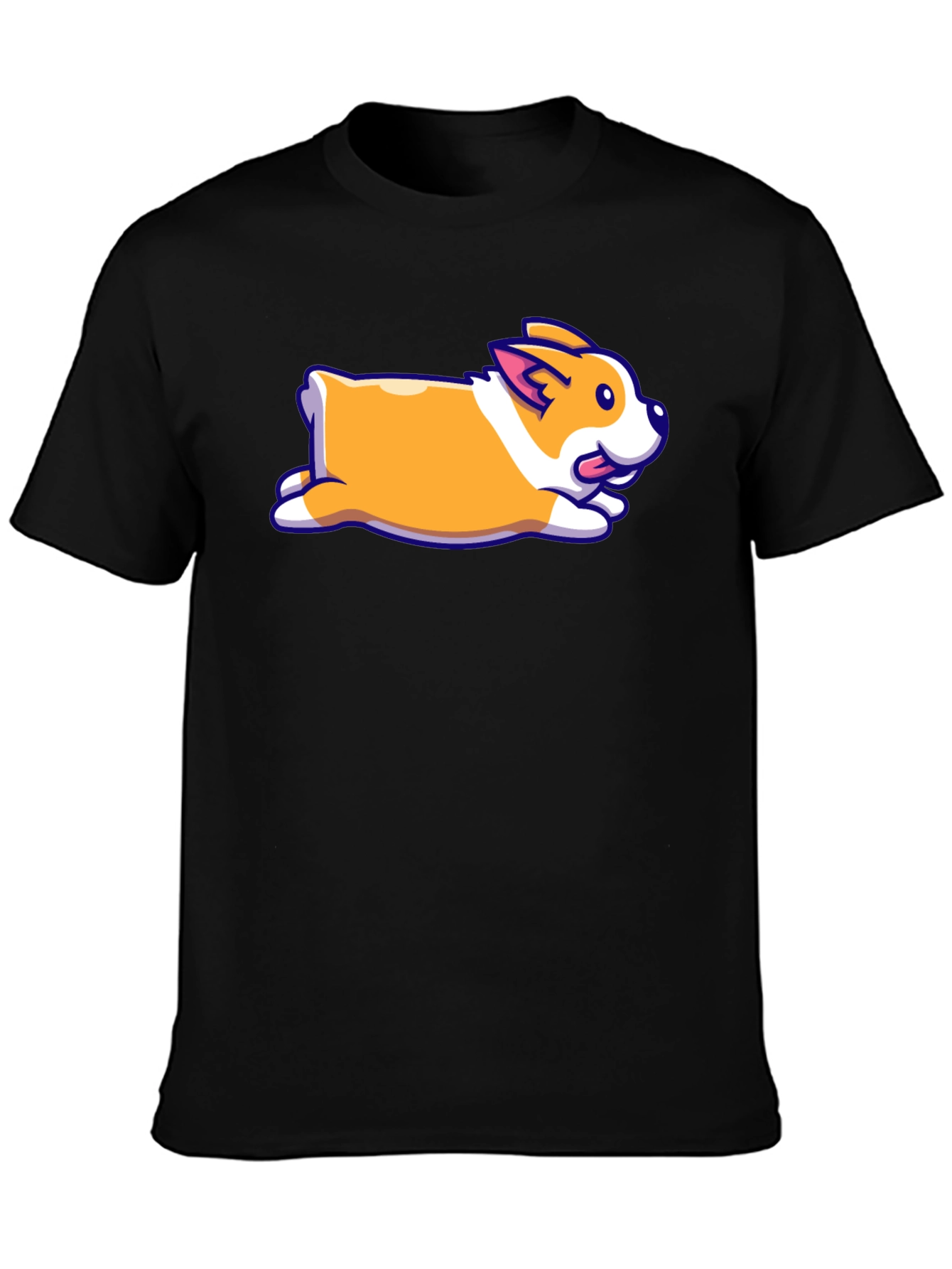 Cute Corgi Cartoon Print Black T-Shirt