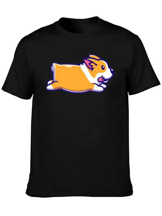Cute Corgi Cartoon Print Black T-Shirt