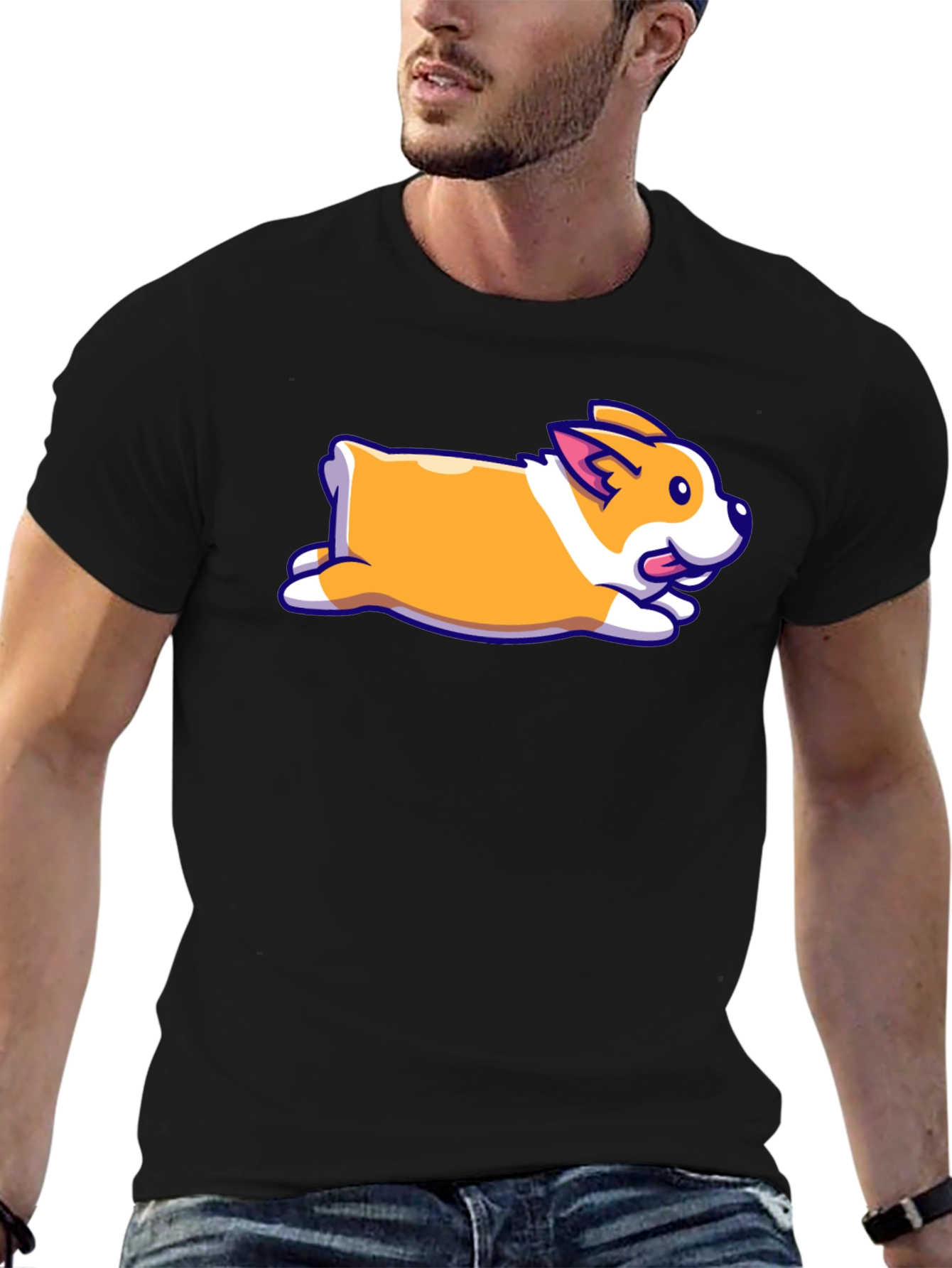 Cute Corgi Cartoon Print Black T-Shirt