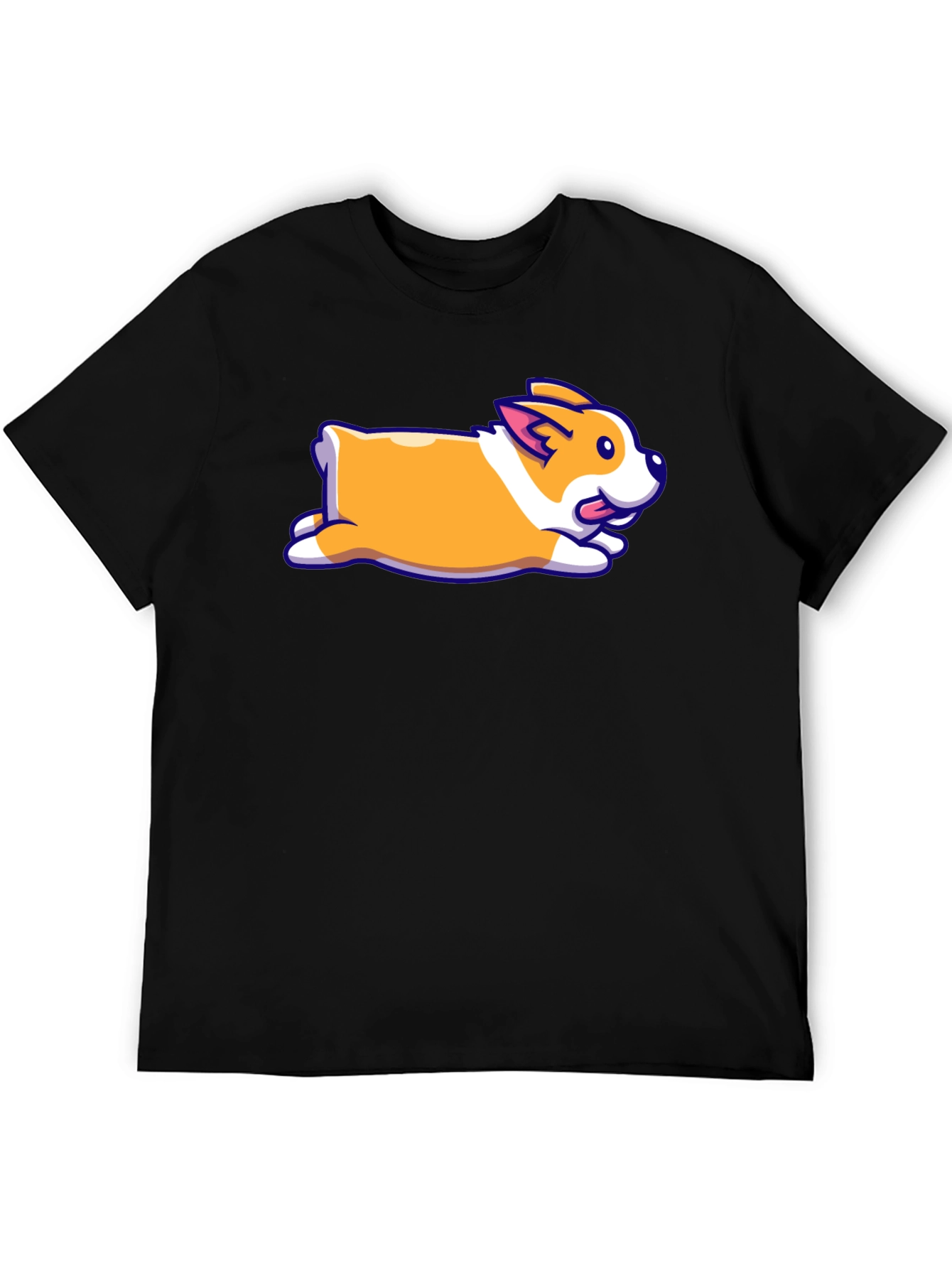 Cute Corgi Cartoon Print Black T-Shirt