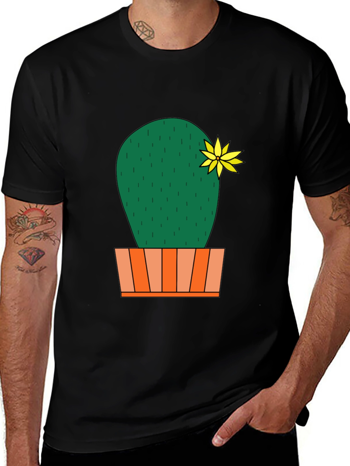 Cactus Flower Graphic Print Mens Black T-Shirt