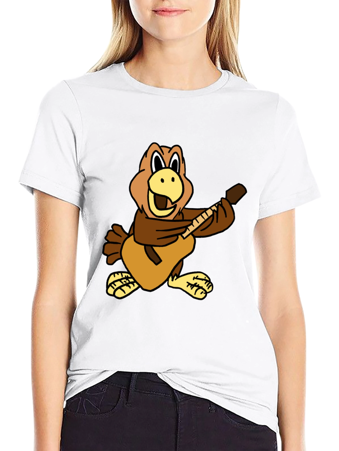 Cartoon Bird Guitarist Black T-Shirt