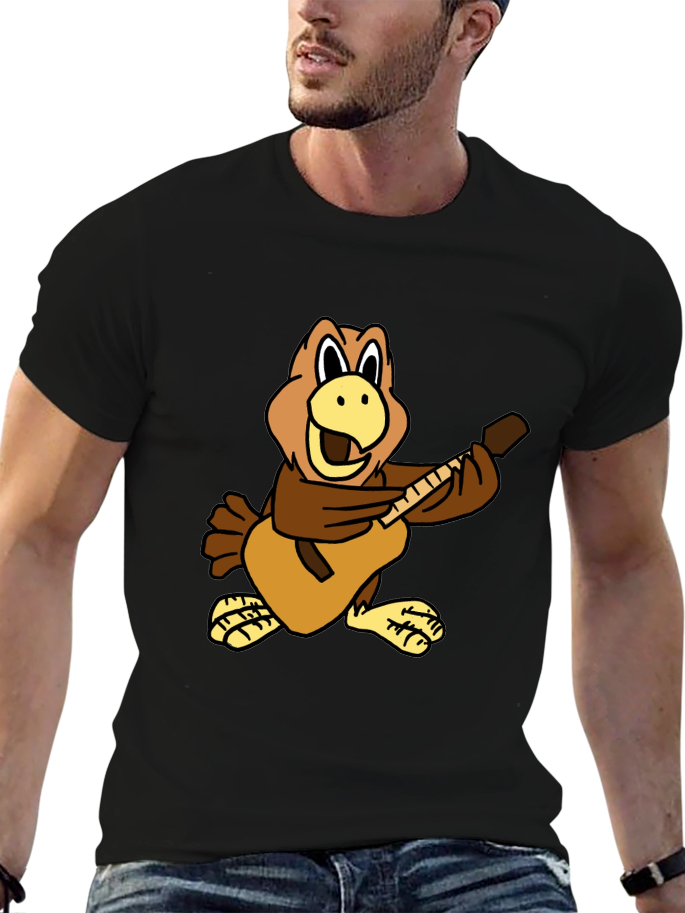 Cartoon Bird Guitarist Black T-Shirt